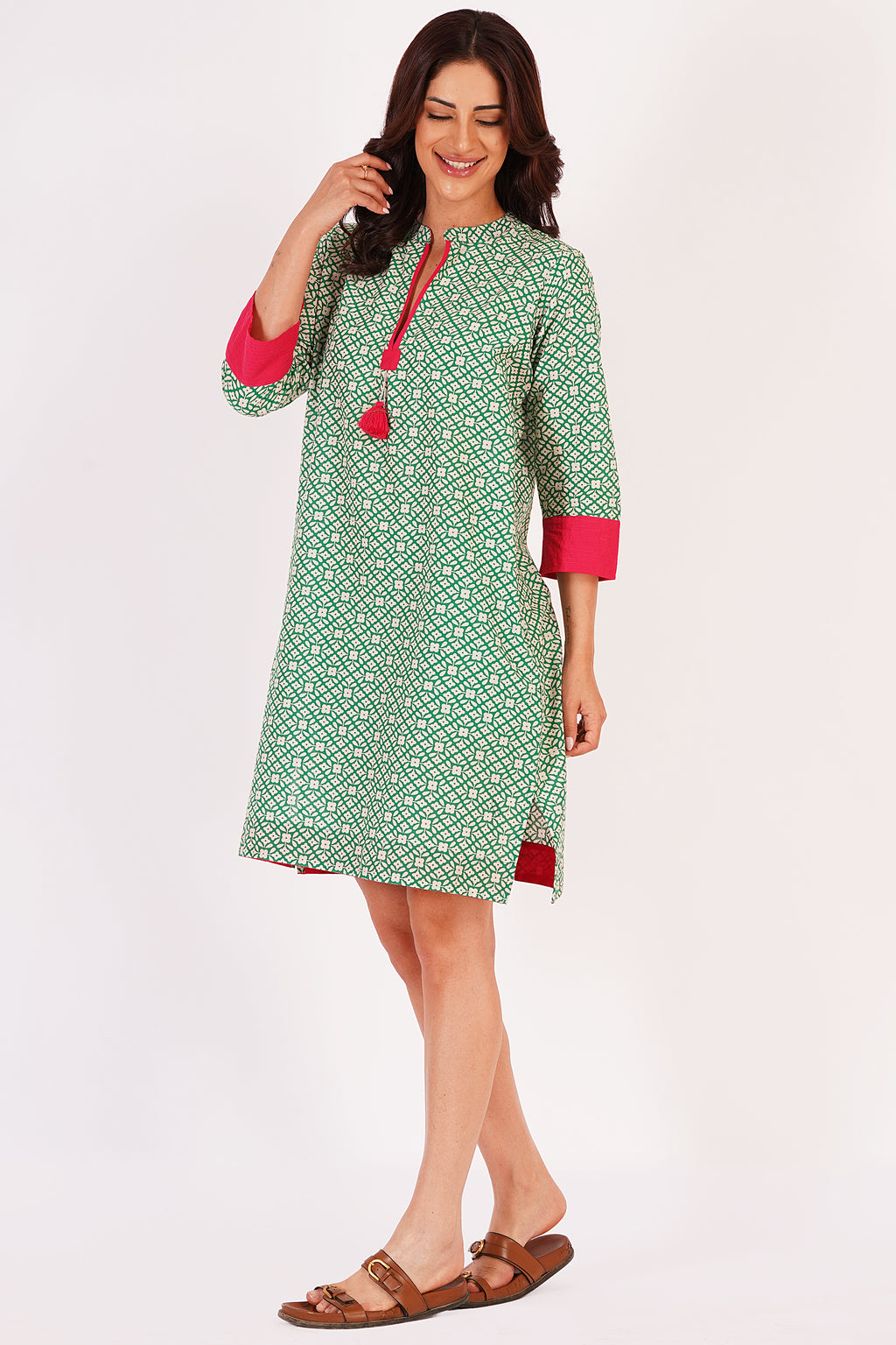 Mira Green Floral Cotton Tunic Dress with Tassel Detail