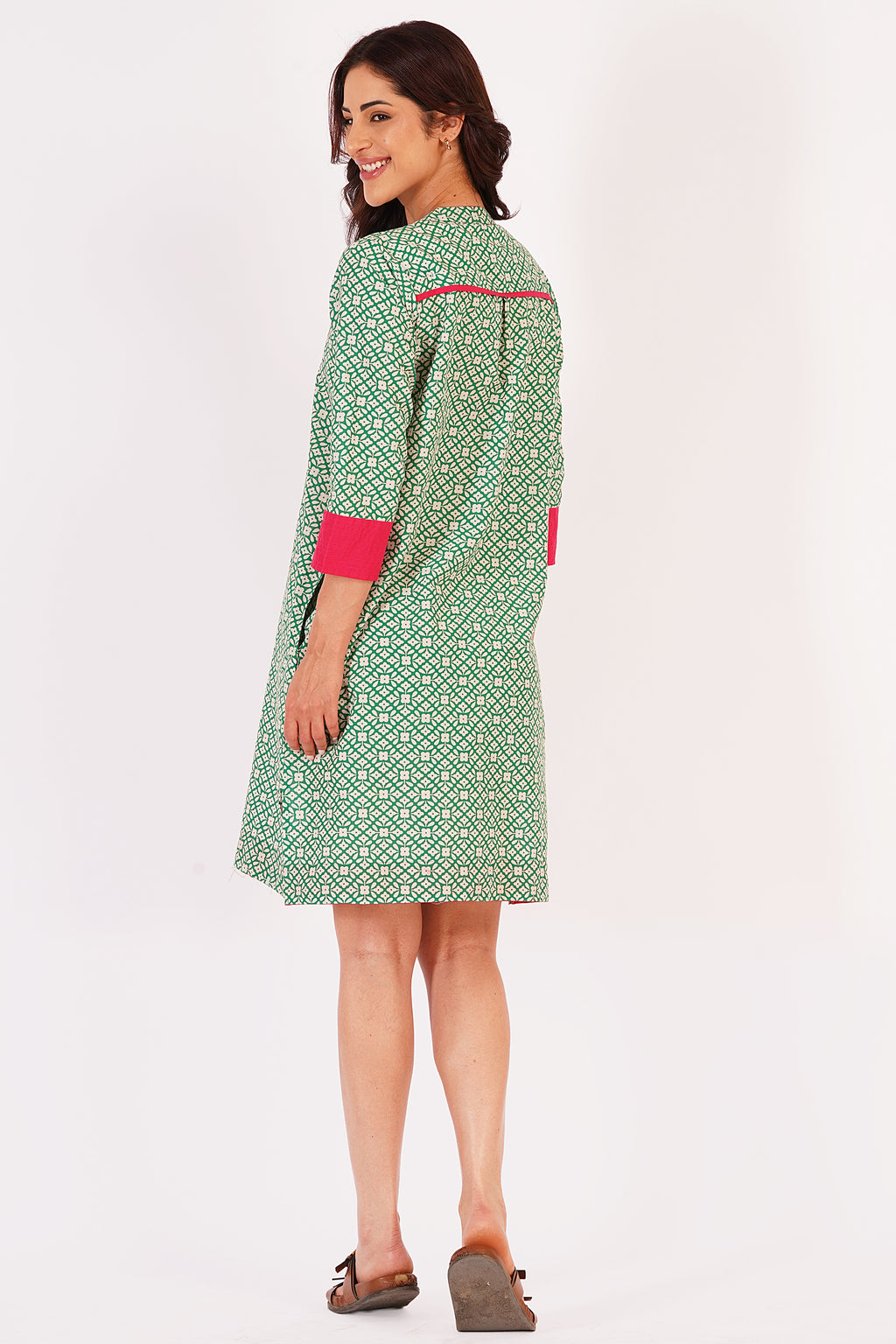 Mira Green Floral Cotton Tunic Dress with Tassel Detail