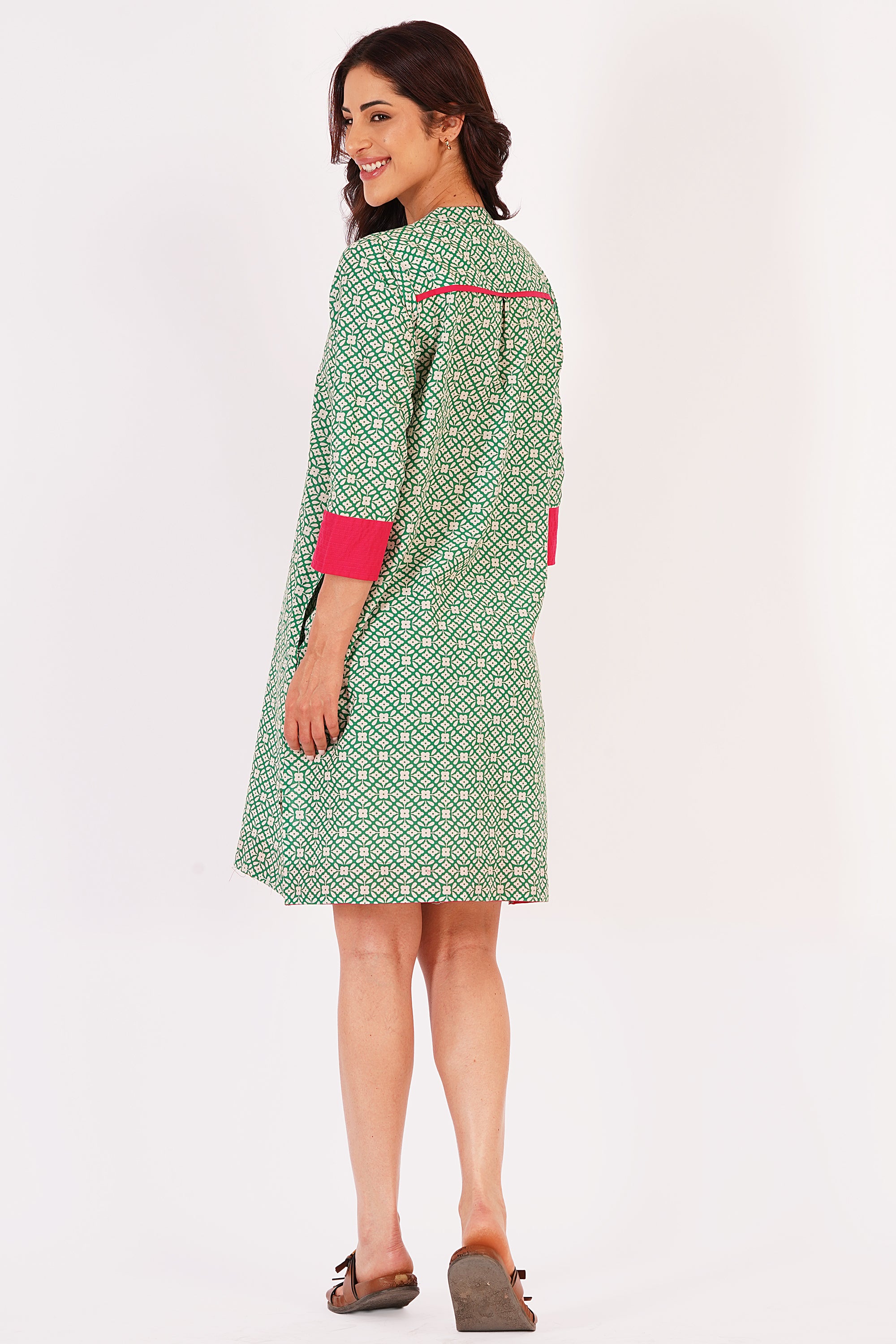 Mira Green Floral Cotton Tunic Dress with Tassel Detail