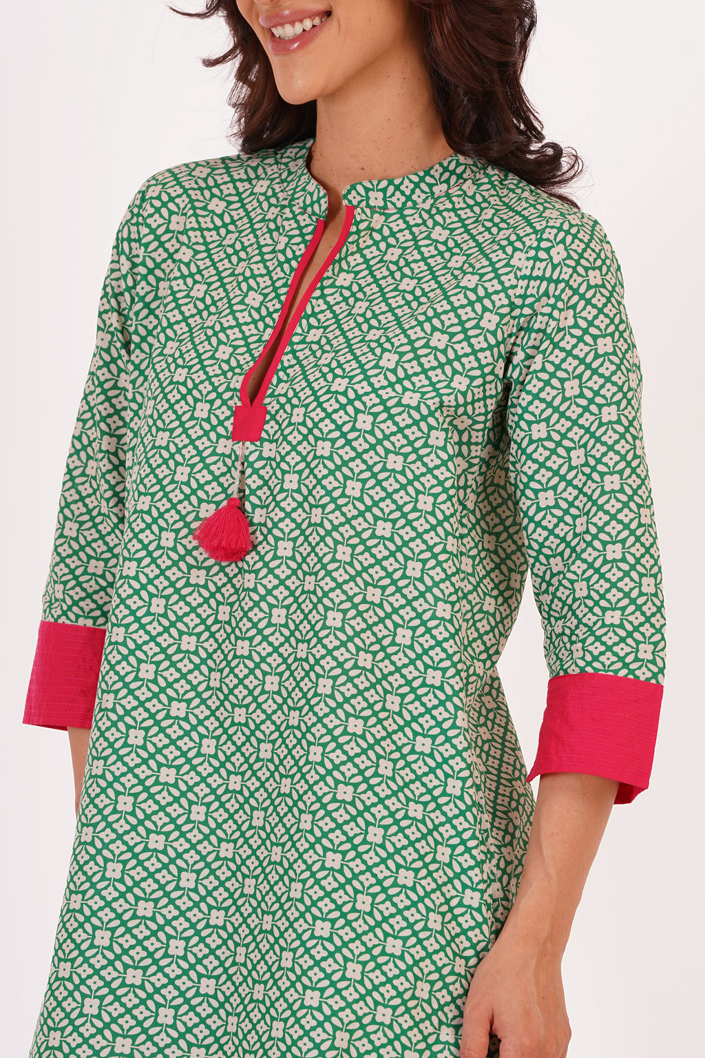 Mira Green Floral Cotton Tunic Dress with Tassel Detail