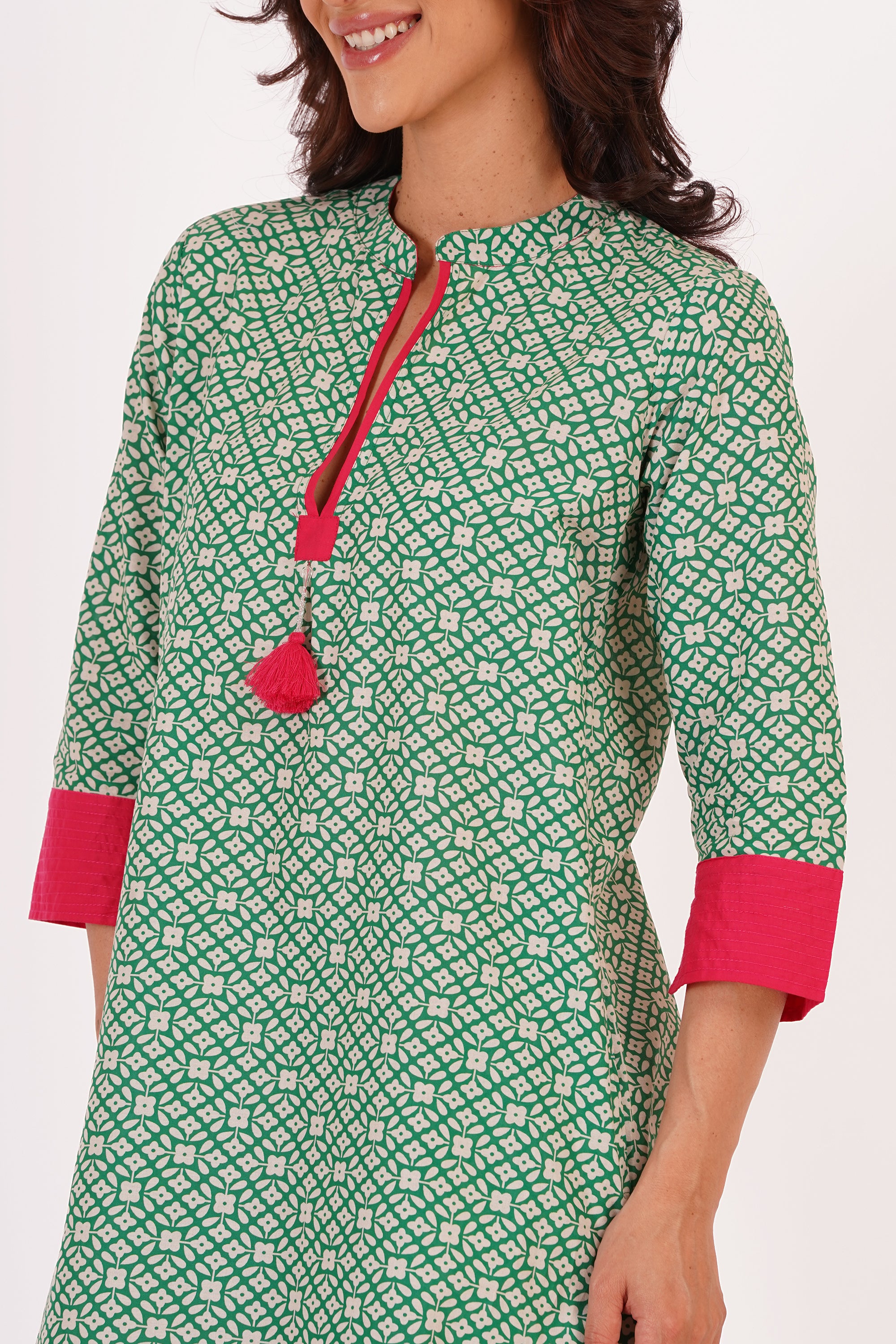 Mira Green Floral Cotton Tunic Dress with Tassel Detail