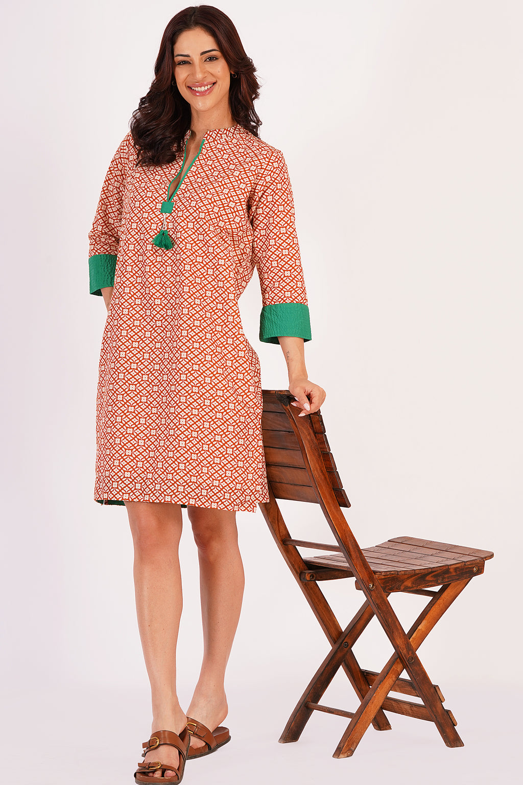 Elira Beige Floral Cotton Tunic Dress with Tassel Detail