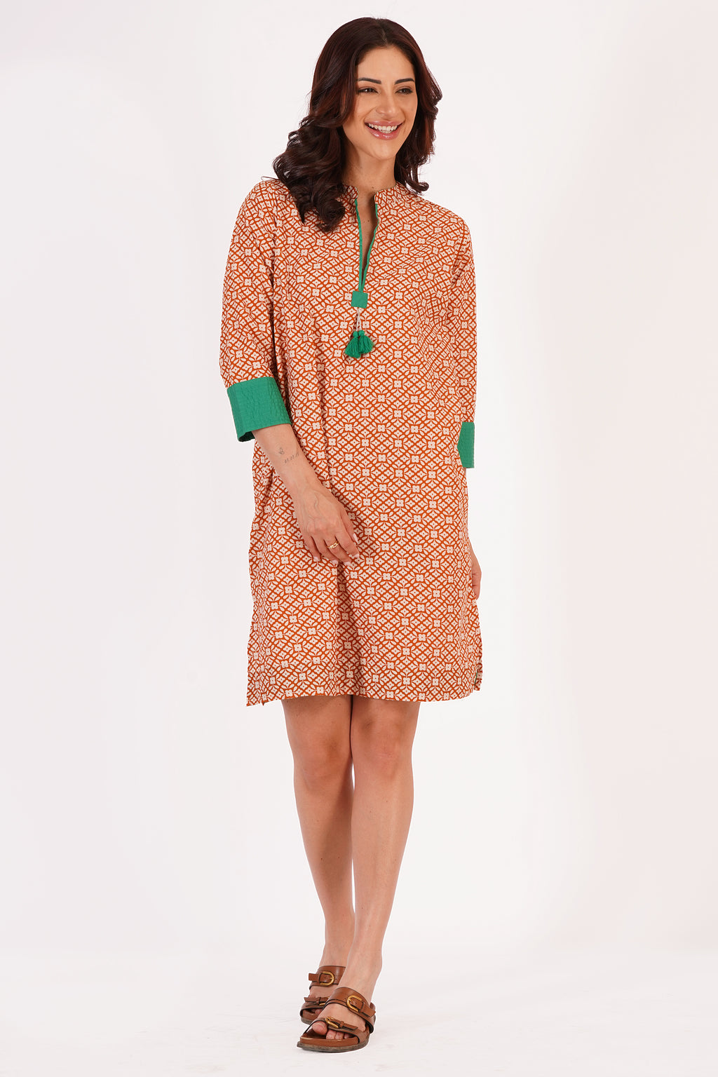 Elira Beige Floral Cotton Tunic Dress with Tassel Detail