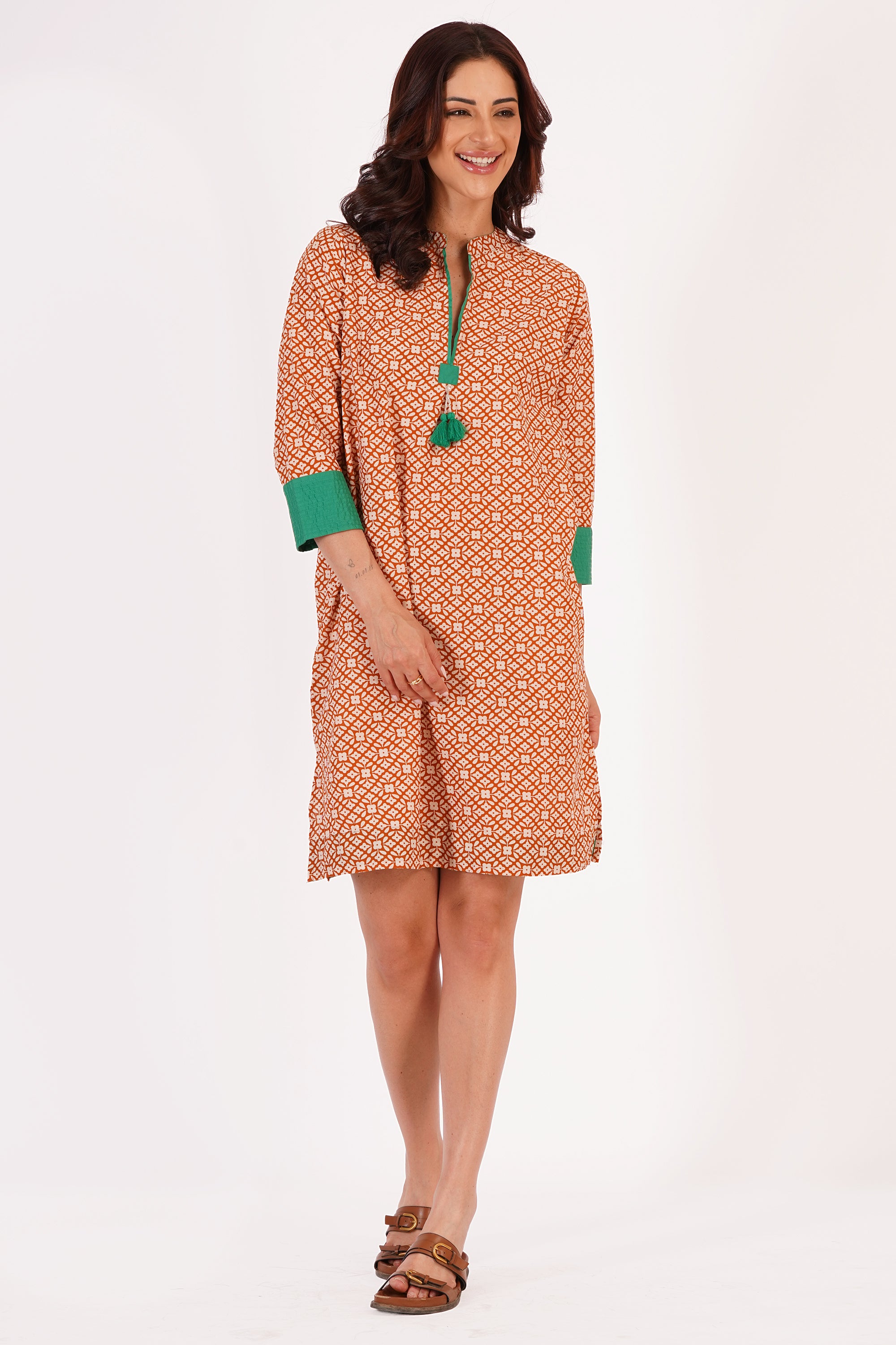 Elira Beige Floral Cotton Tunic Dress with Tassel Detail