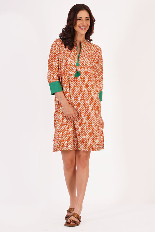 Elira Beige Floral Cotton Tunic Dress with Tassel Detail