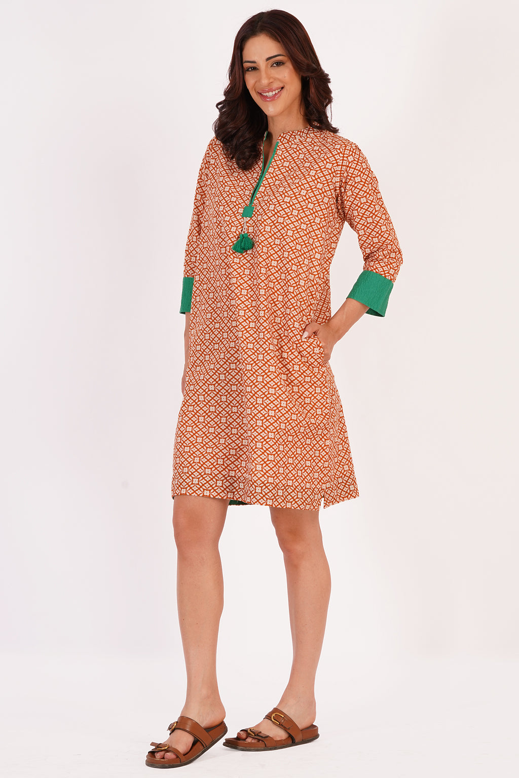 Elira Beige Floral Cotton Tunic Dress with Tassel Detail