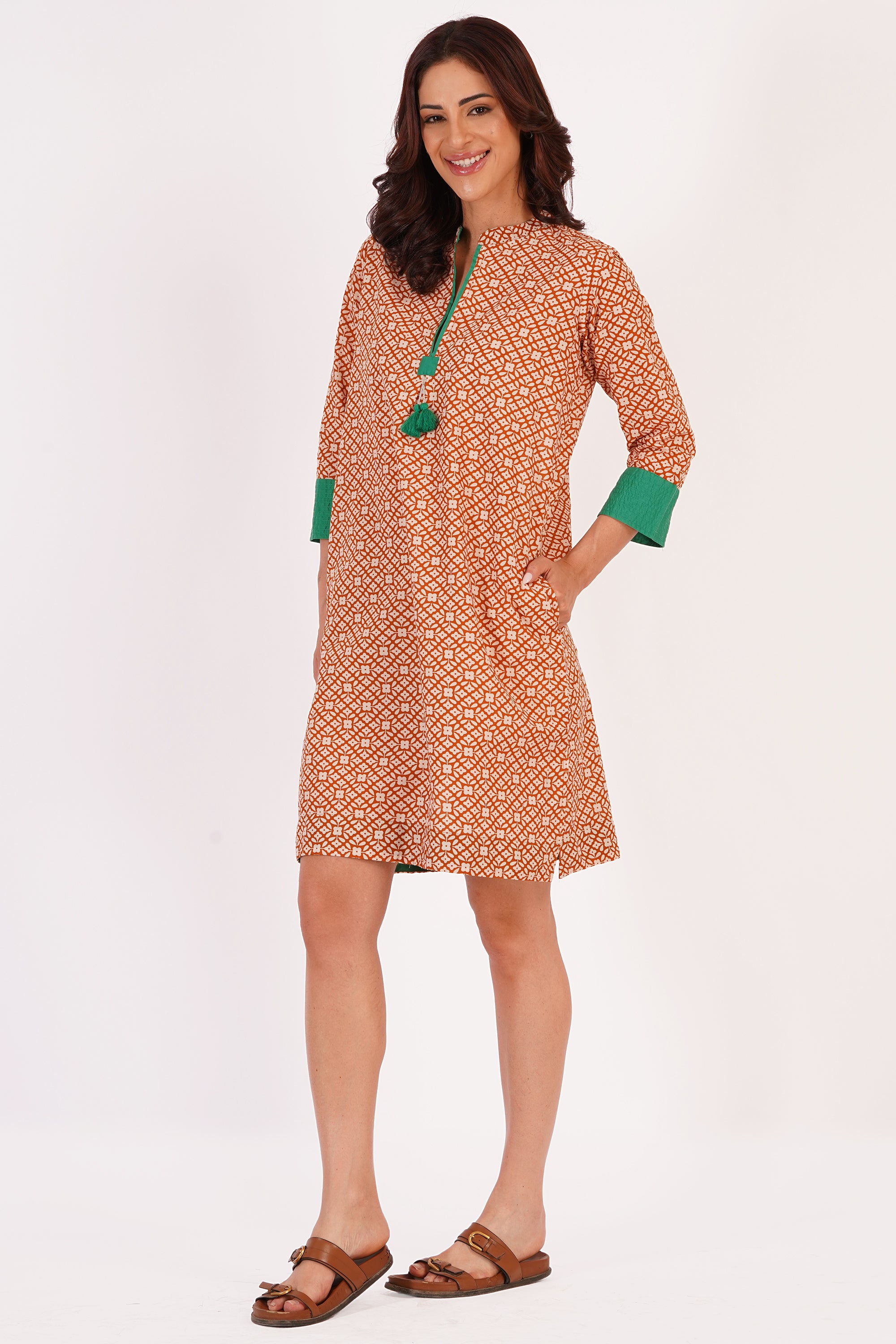 Elira Beige Floral Cotton Tunic Dress with Tassel Detail