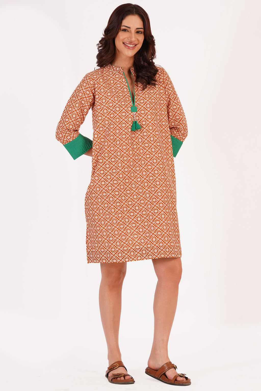 Elira Beige Floral Cotton Tunic Dress with Tassel Detail