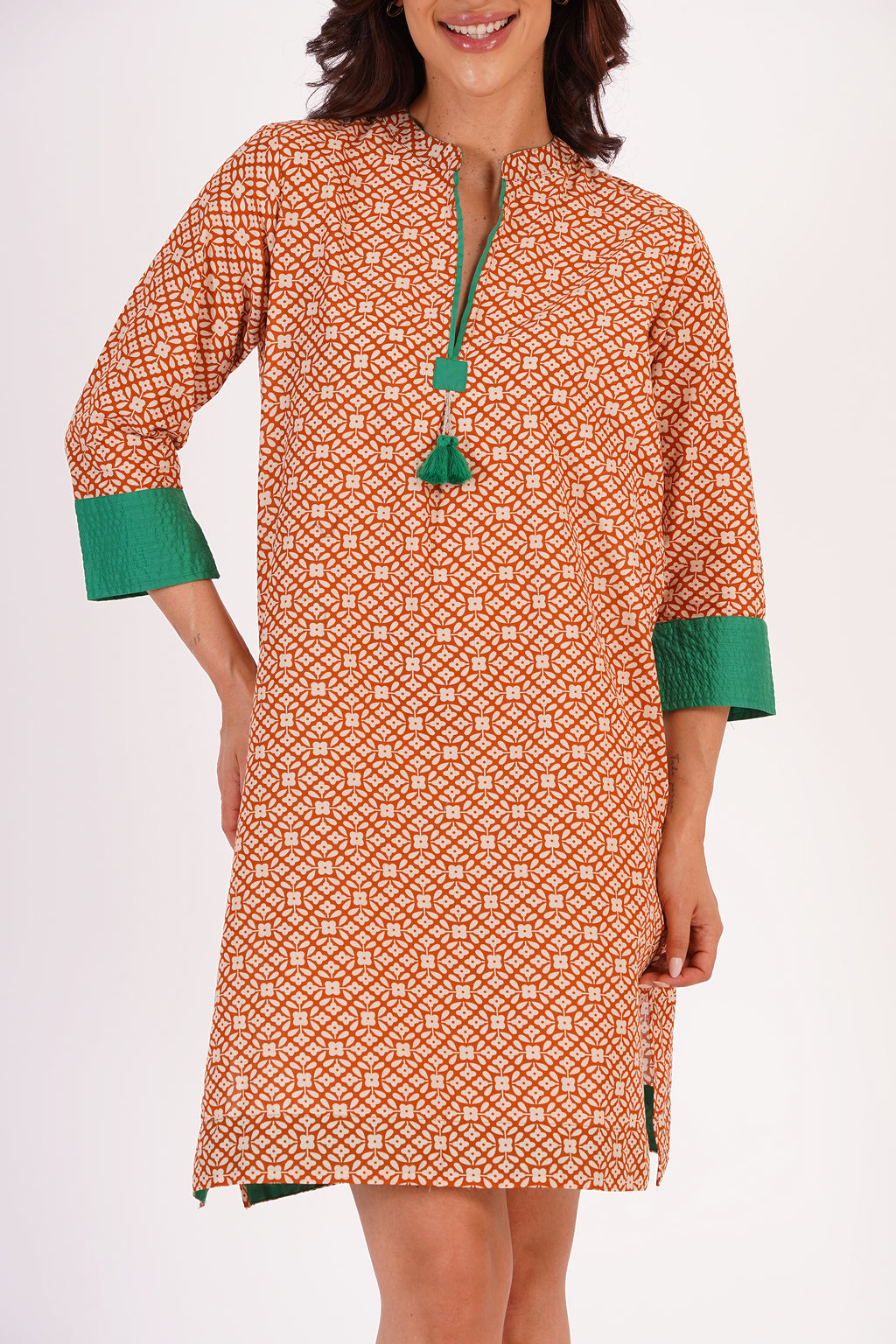 Elira Beige Floral Cotton Tunic Dress with Tassel Detail