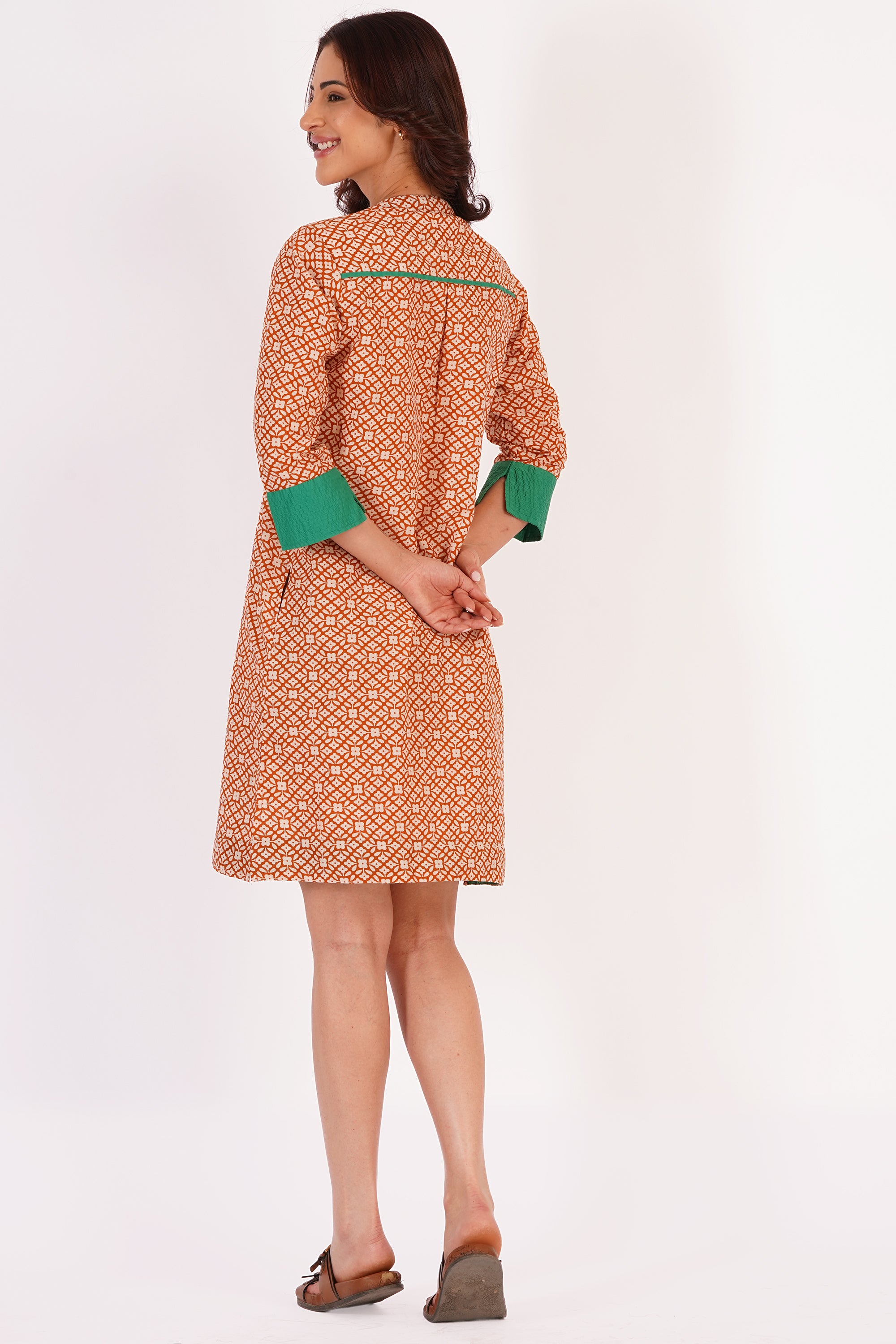 Elira Beige Floral Cotton Tunic Dress with Tassel Detail