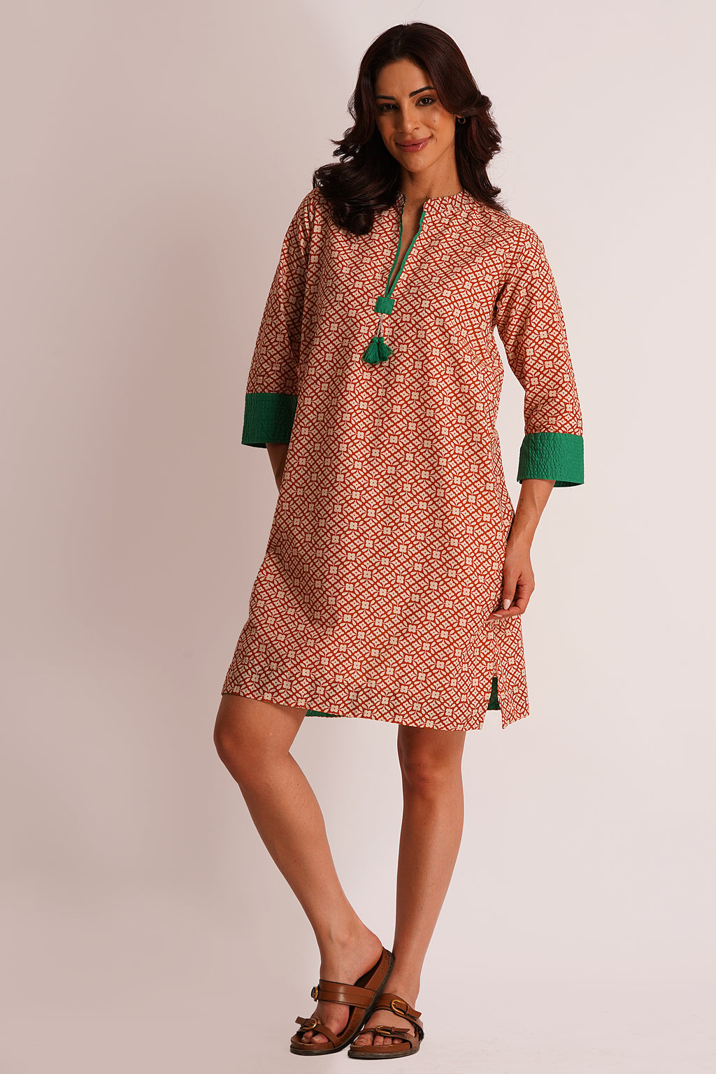 Elira Beige Floral Cotton Tunic Dress with Tassel Detail