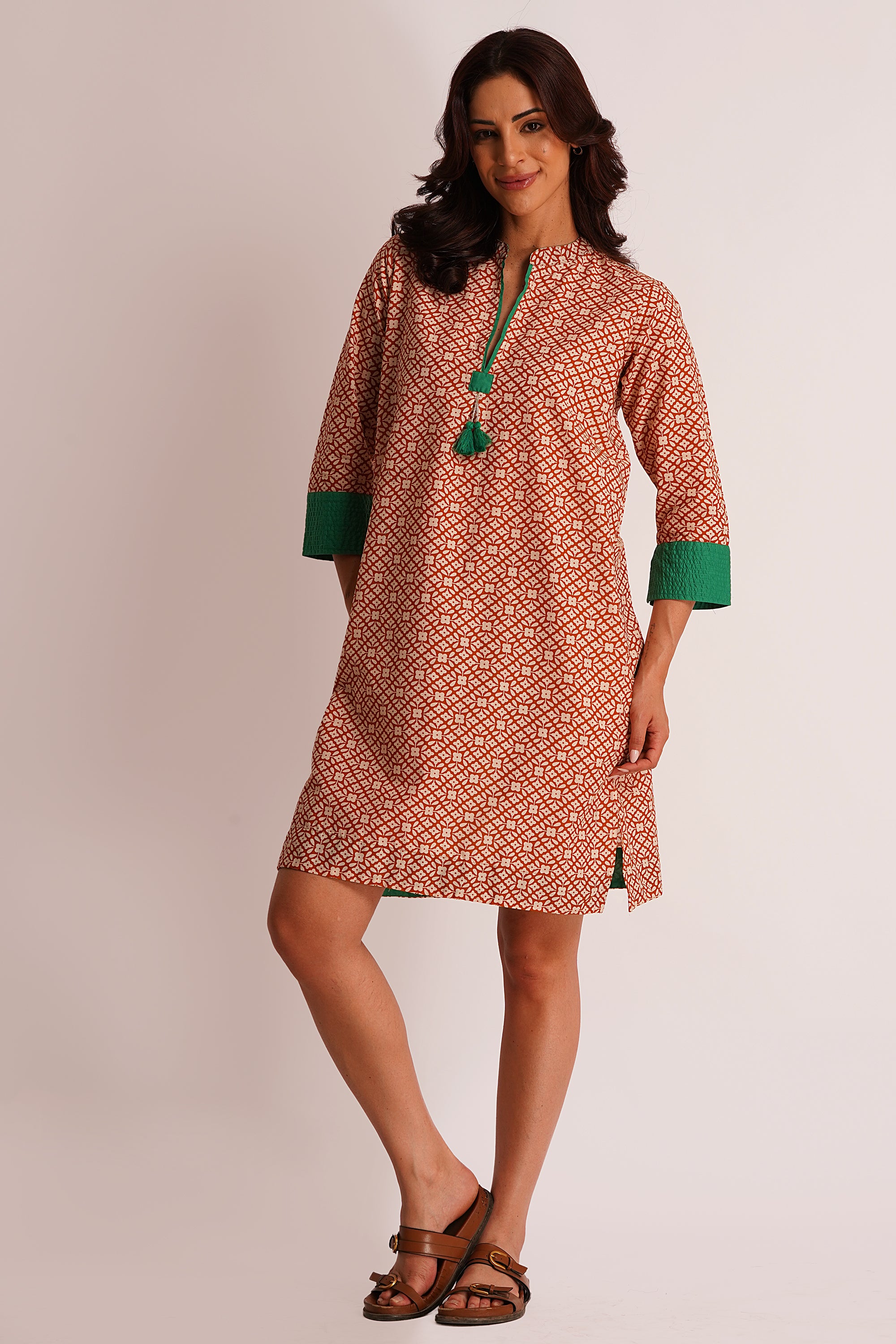 Elira Beige Floral Cotton Tunic Dress with Tassel Detail