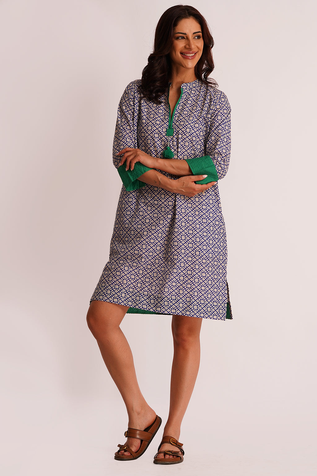 Nyla Purple Floral Cotton Tunic Dress with Tassel Detail
