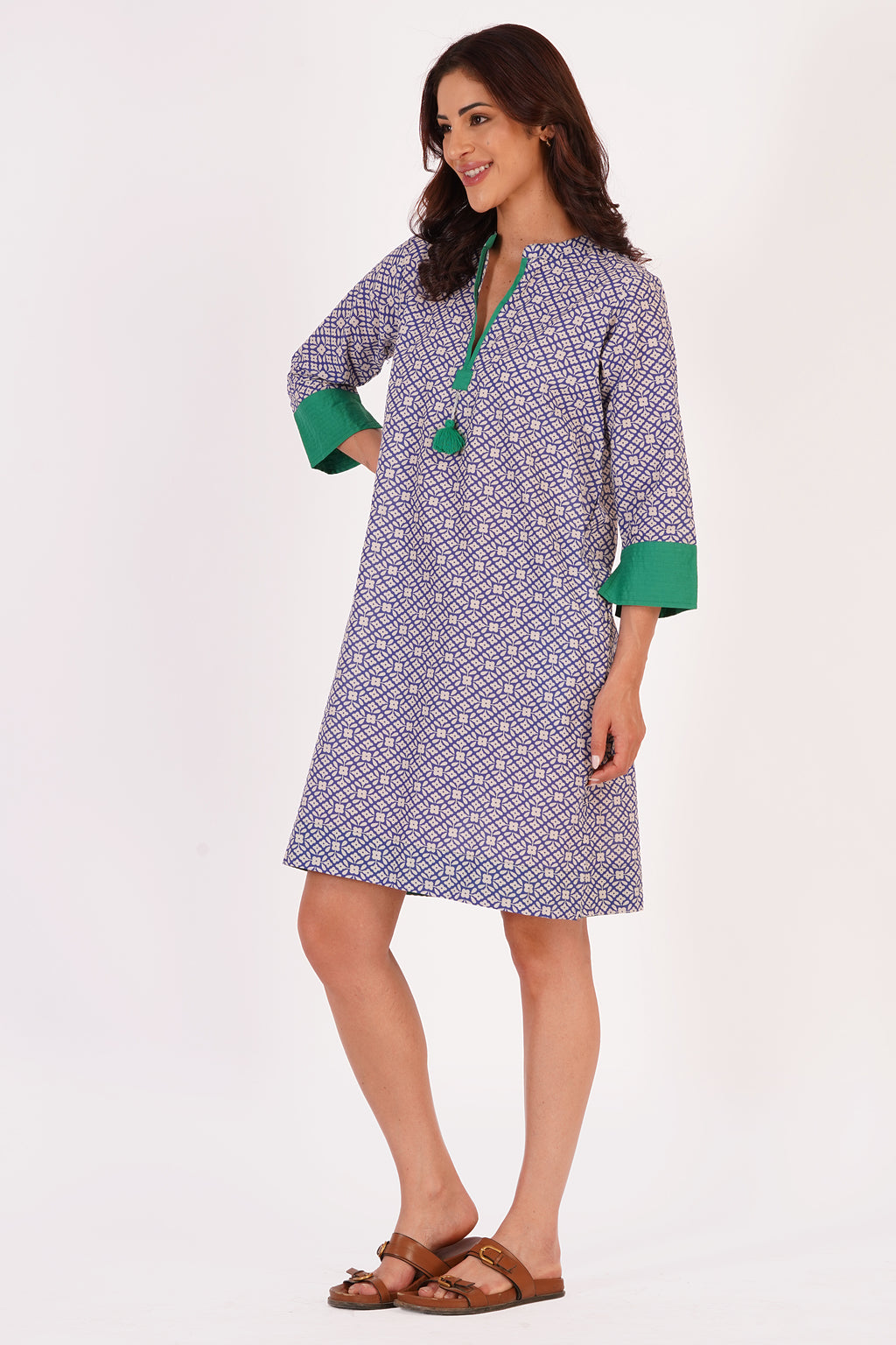 Nyla Purple Floral Cotton Tunic Dress with Tassel Detail