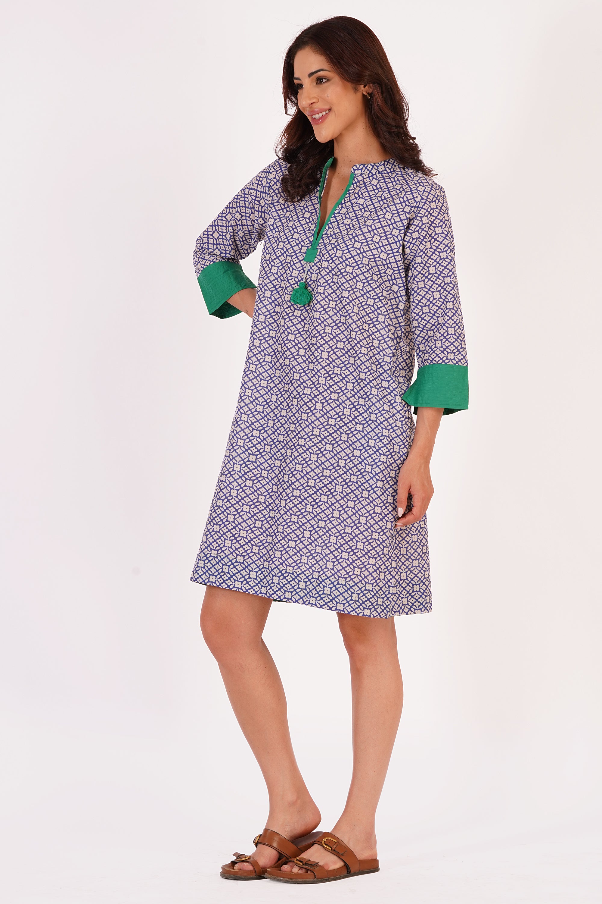 Nyla Purple Floral Cotton Tunic Dress with Tassel Detail