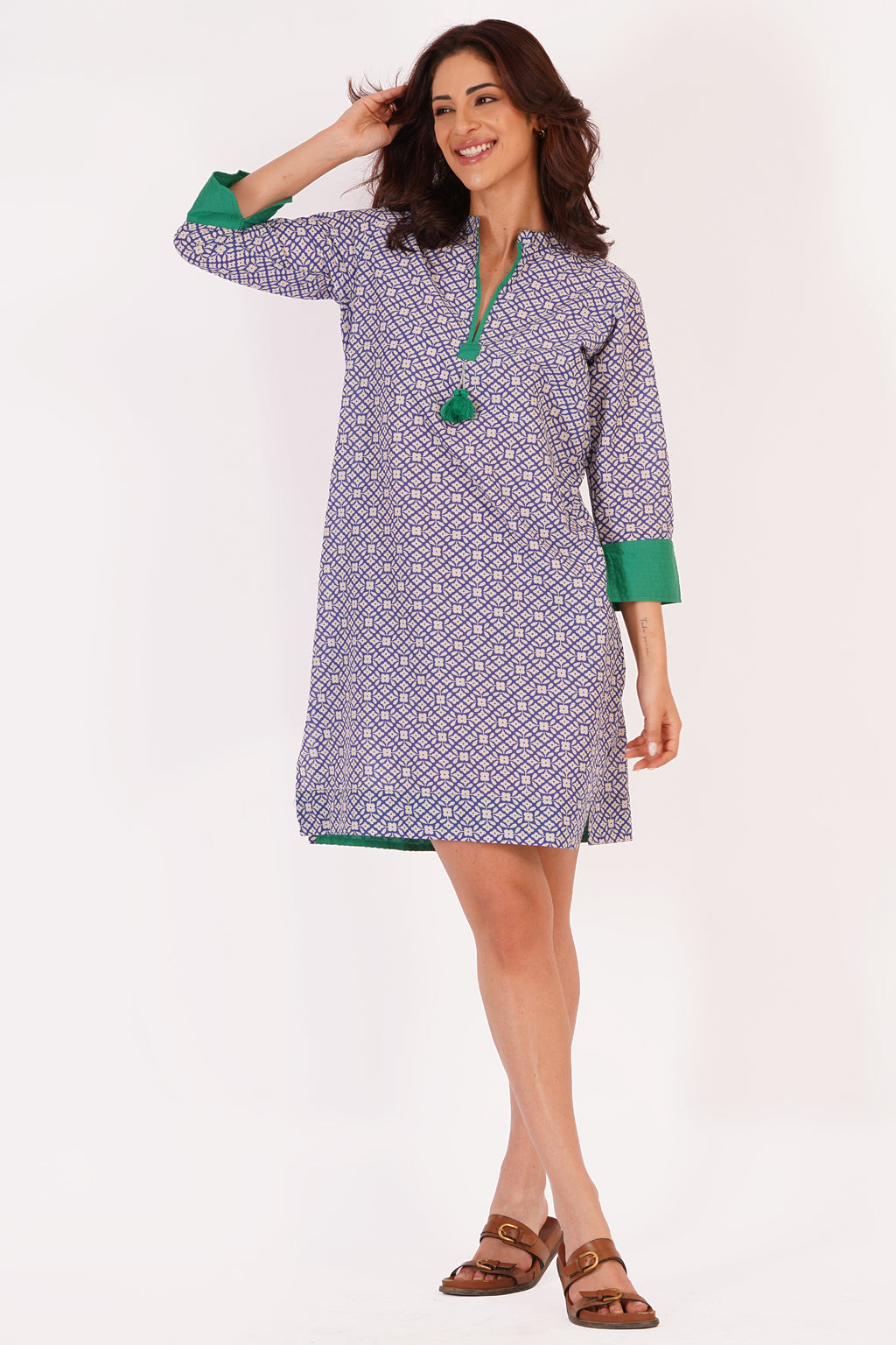 Nyla Purple Floral Cotton Tunic Dress with Tassel Detail