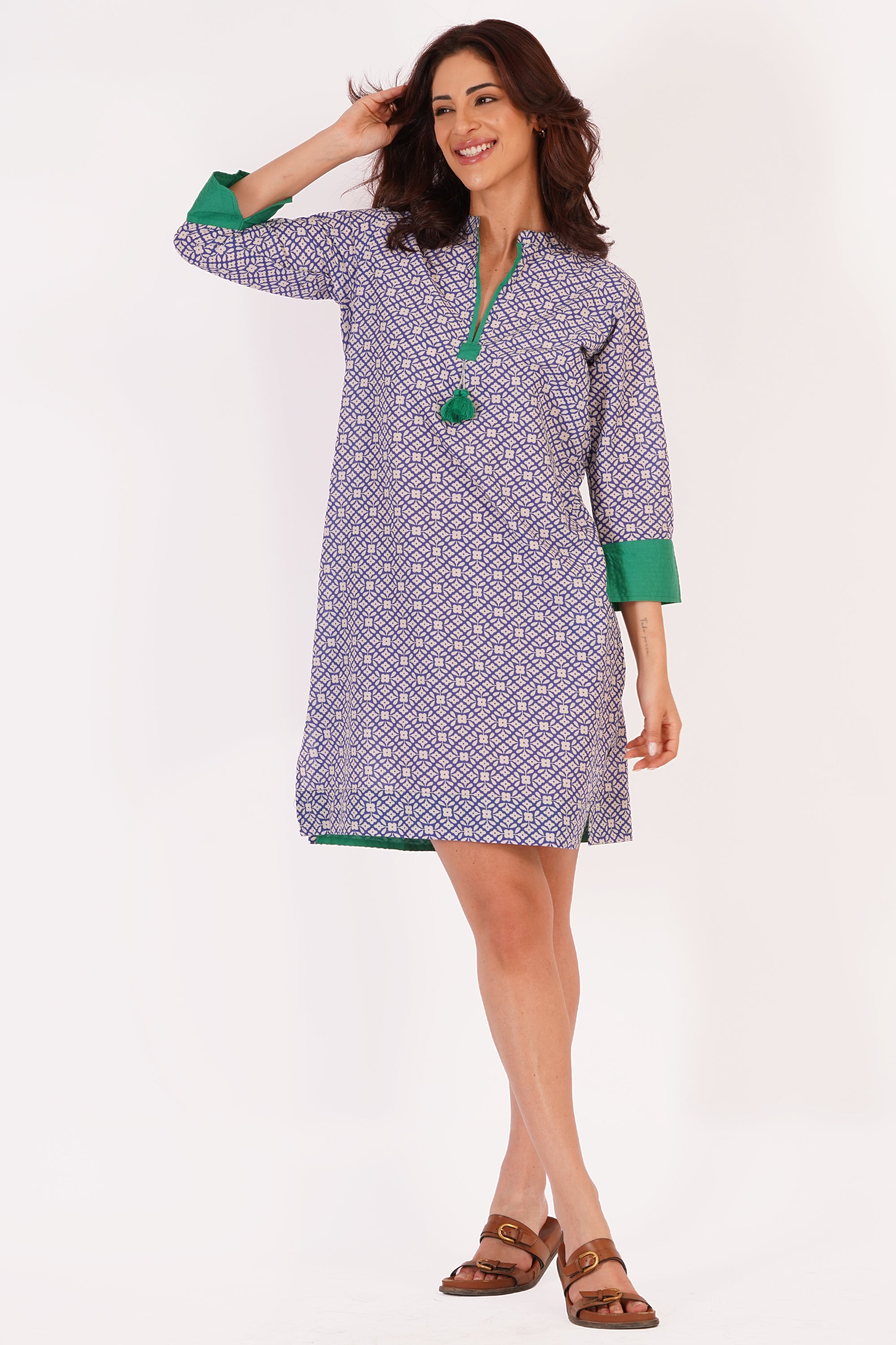 Nyla Purple Floral Cotton Tunic Dress with Tassel Detail
