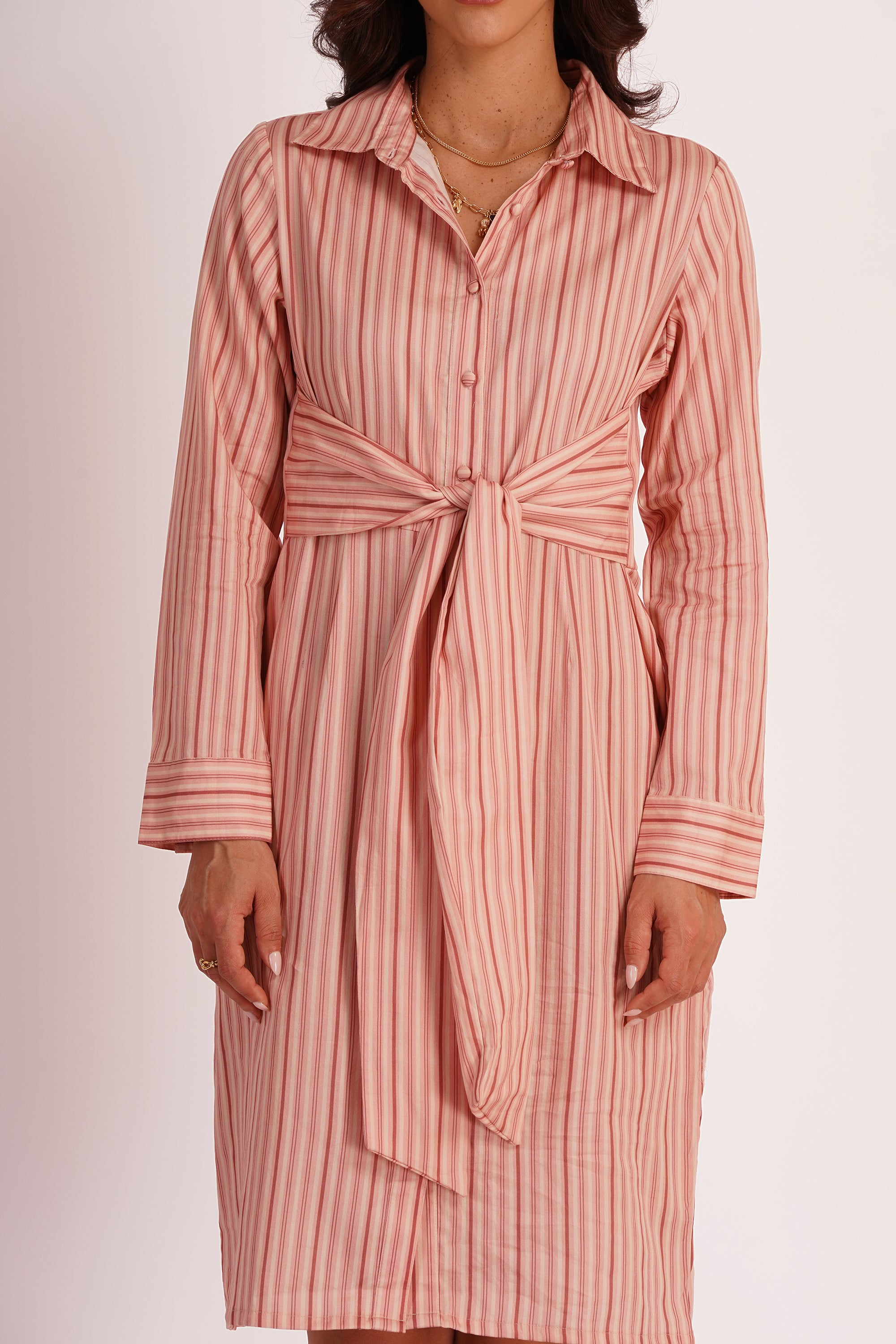 Sora Pink Stripe Cotton Satin Tie-Up Dress with Pockets