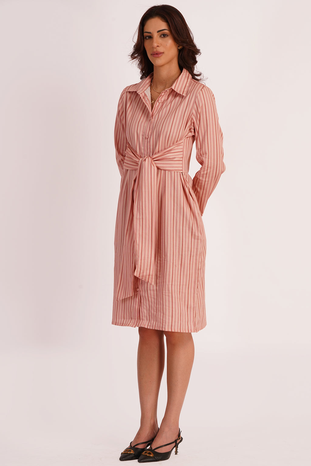 Sora Pink Stripe Cotton Satin Tie-Up Dress with Pockets