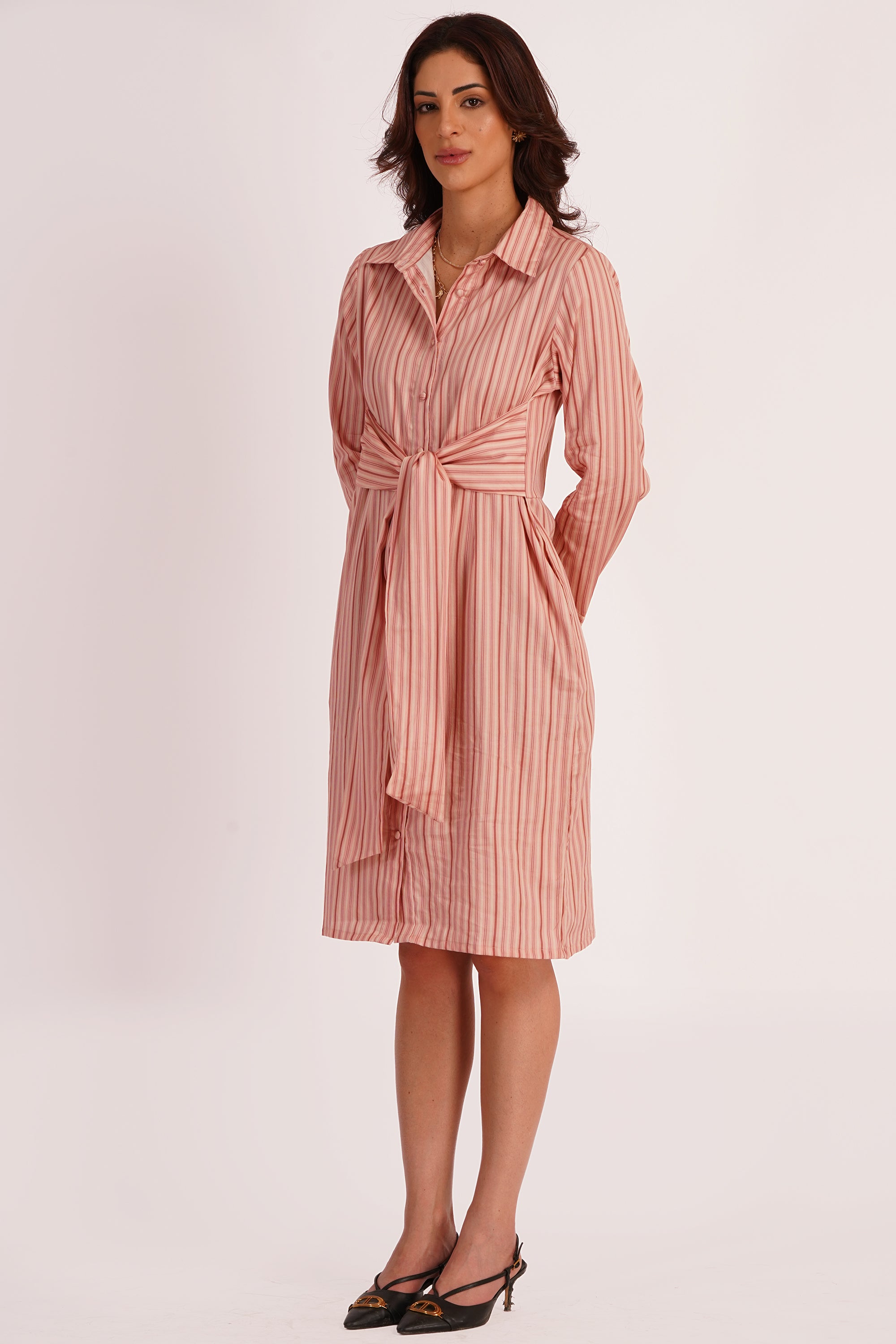 Sora Pink Stripe Cotton Satin Tie-Up Dress with Pockets