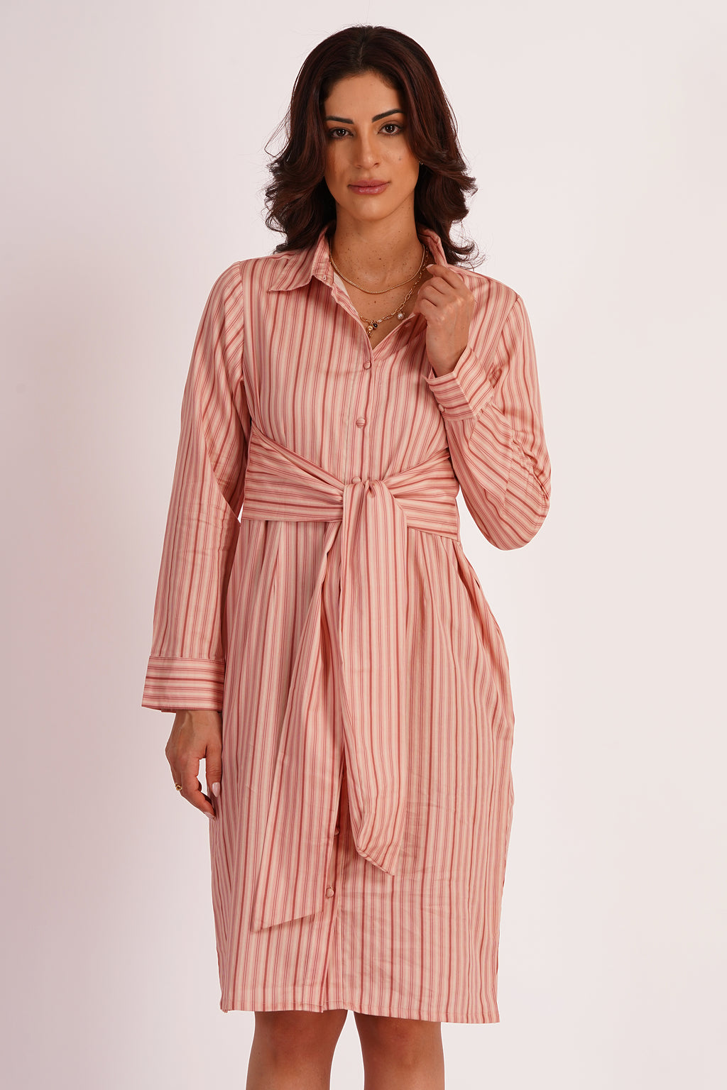 Sora Pink Stripe Cotton Satin Tie-Up Dress with Pockets