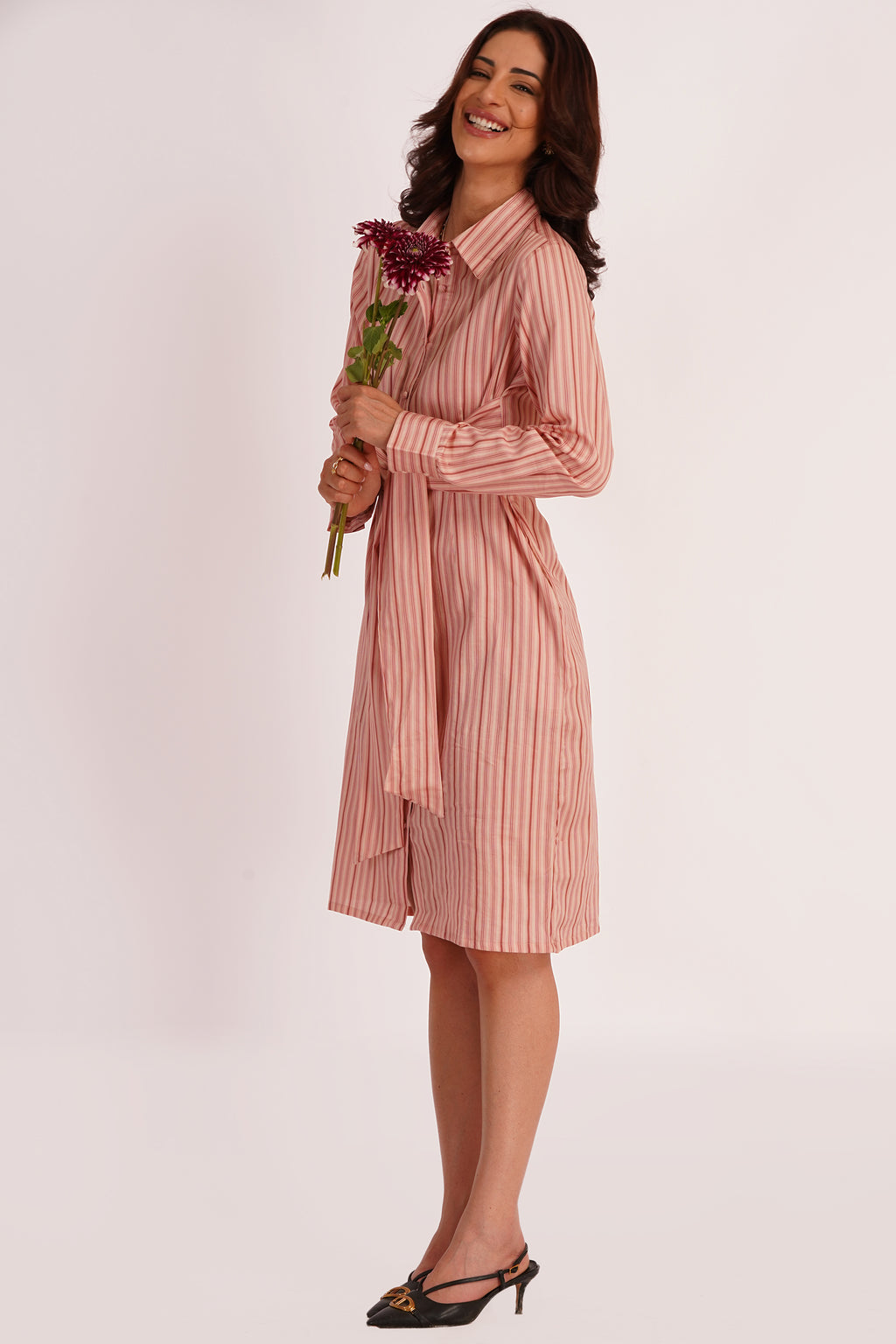 Sora Pink Stripe Cotton Satin Tie-Up Dress with Pockets