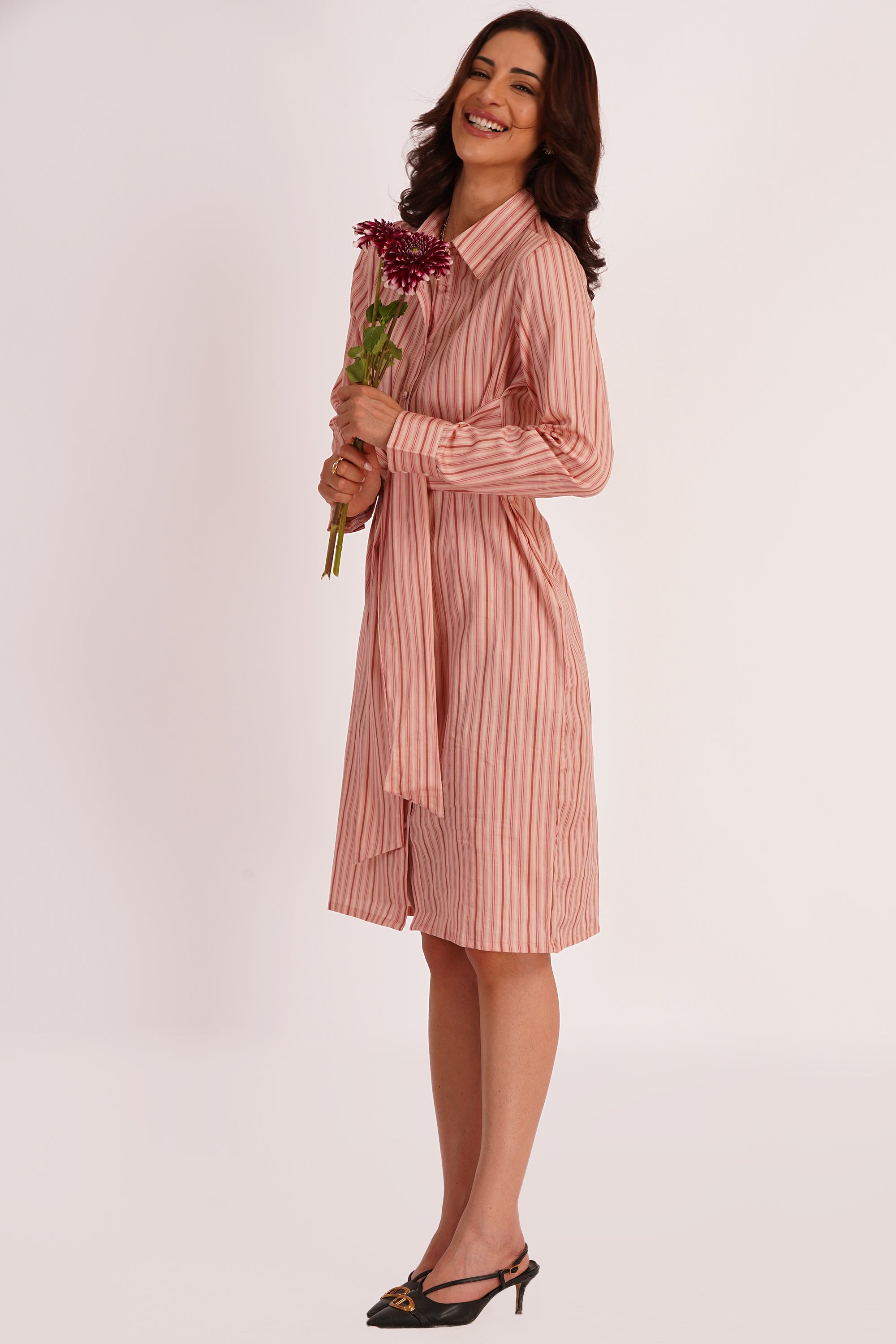 Sora Pink Stripe Cotton Satin Tie-Up Dress with Pockets