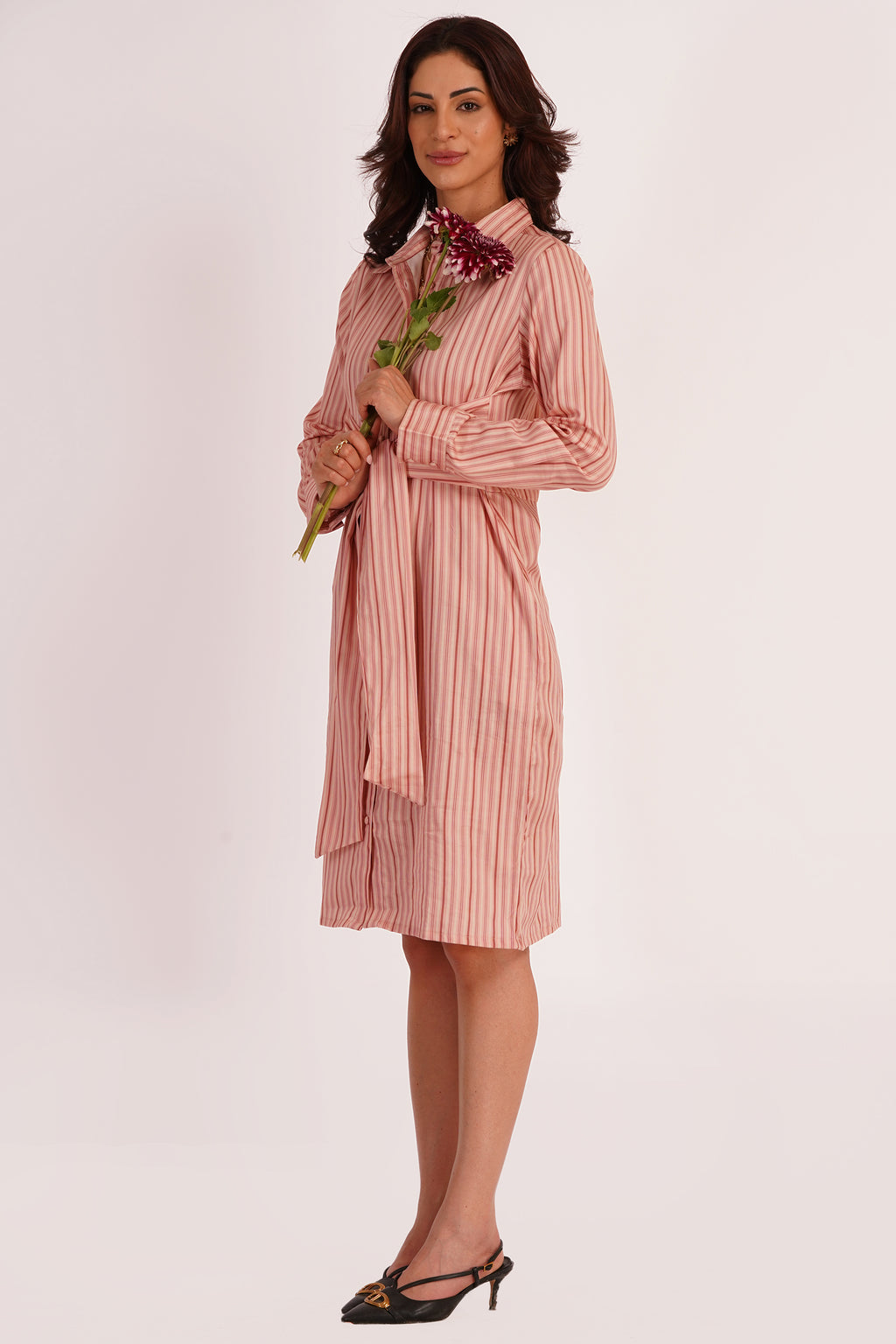 Sora Pink Stripe Cotton Satin Tie-Up Dress with Pockets