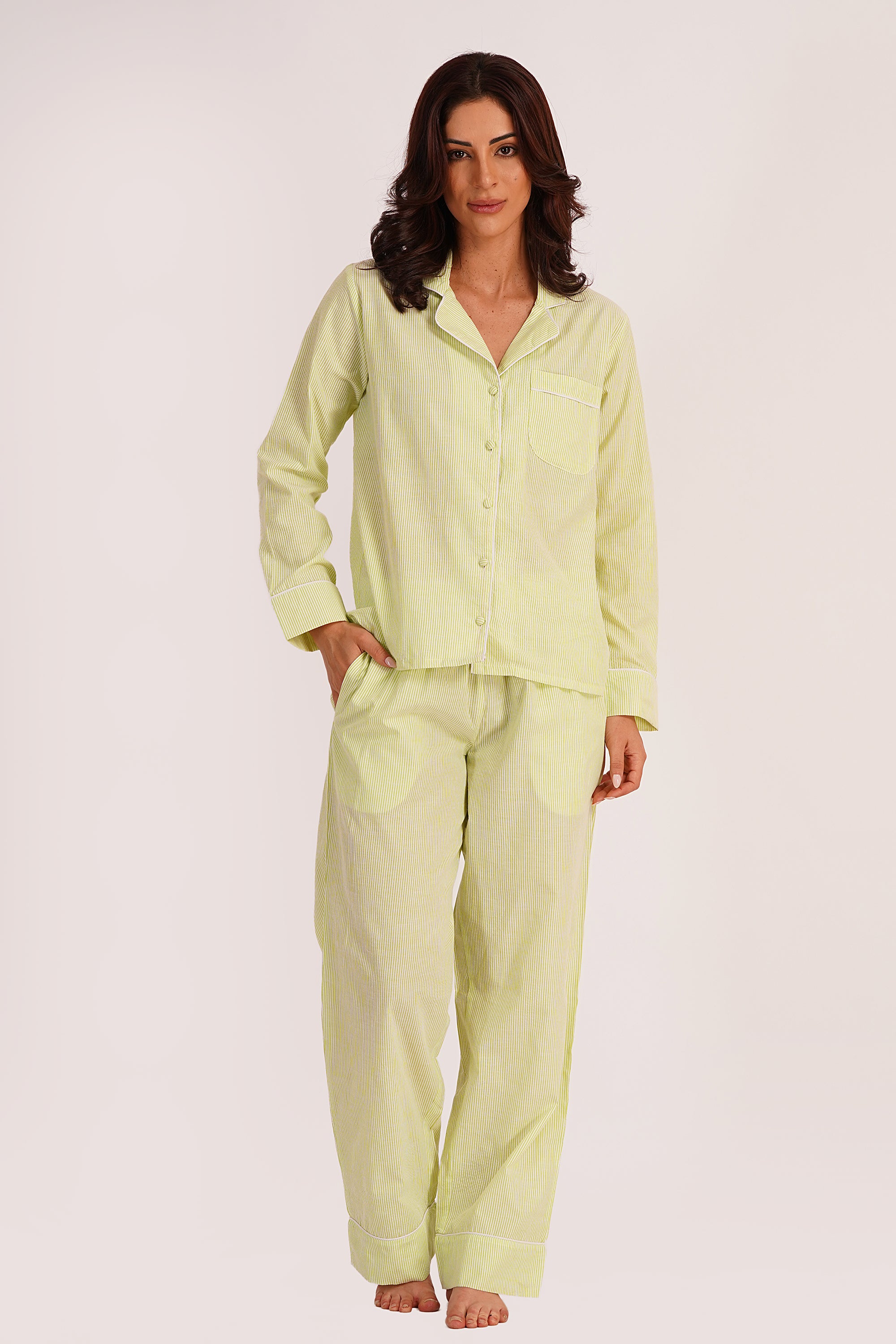 Olia Green Cotton Seersucker Checks Night Suit Set