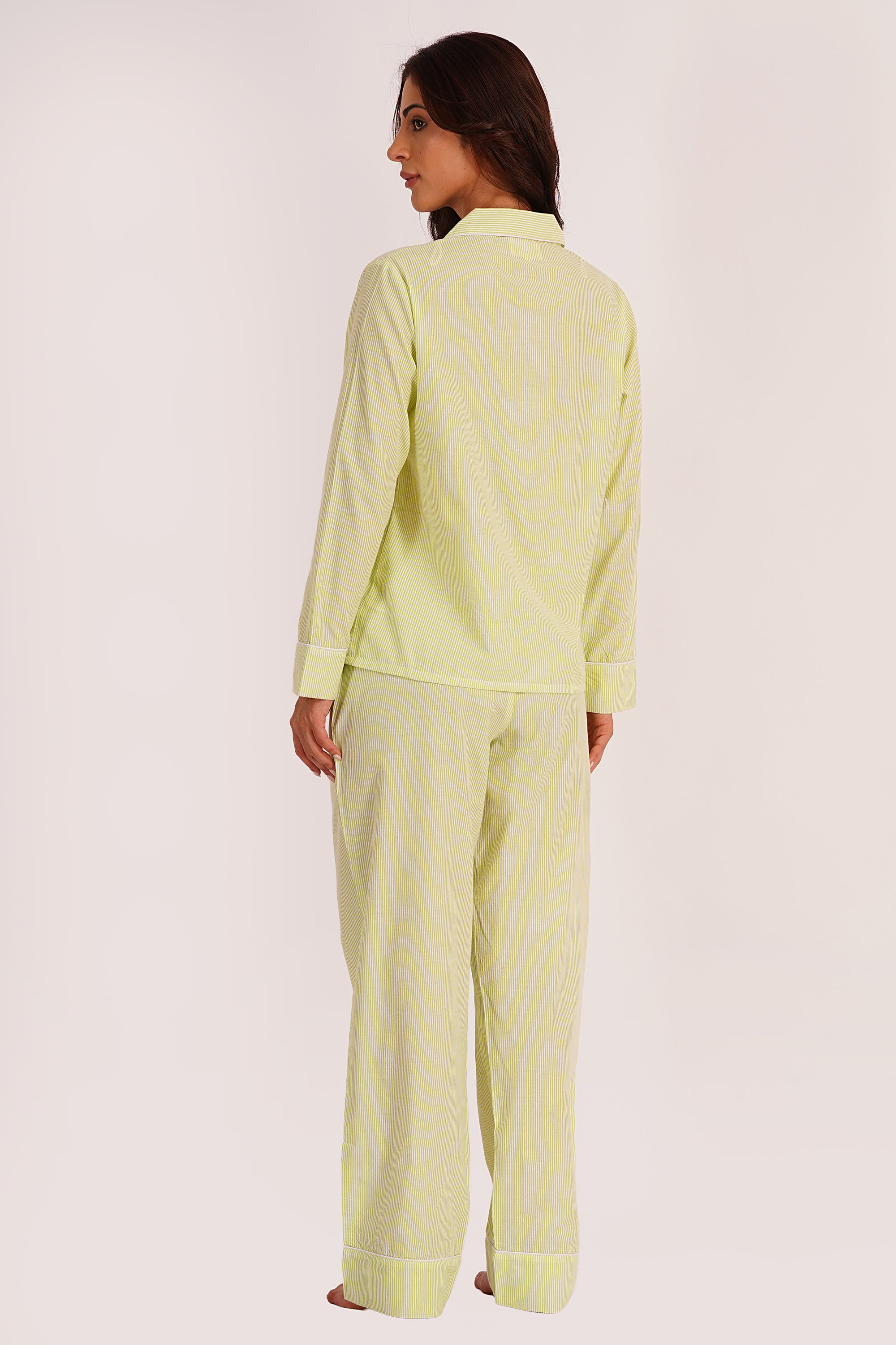 Olia Green Cotton Seersucker Checks Night Suit Set