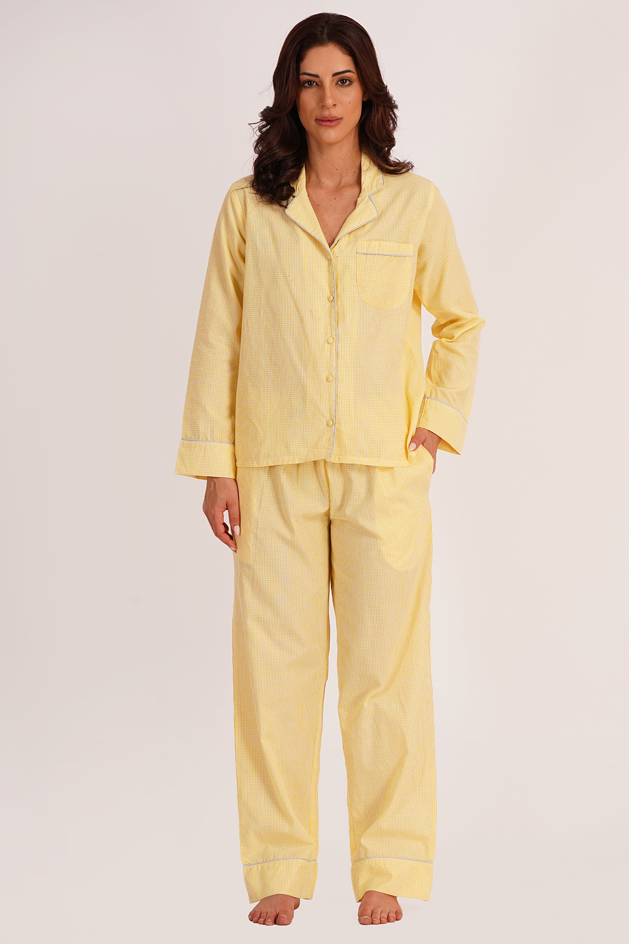 Melo Yellow Cotton Seersucker Checks Night Suit Set