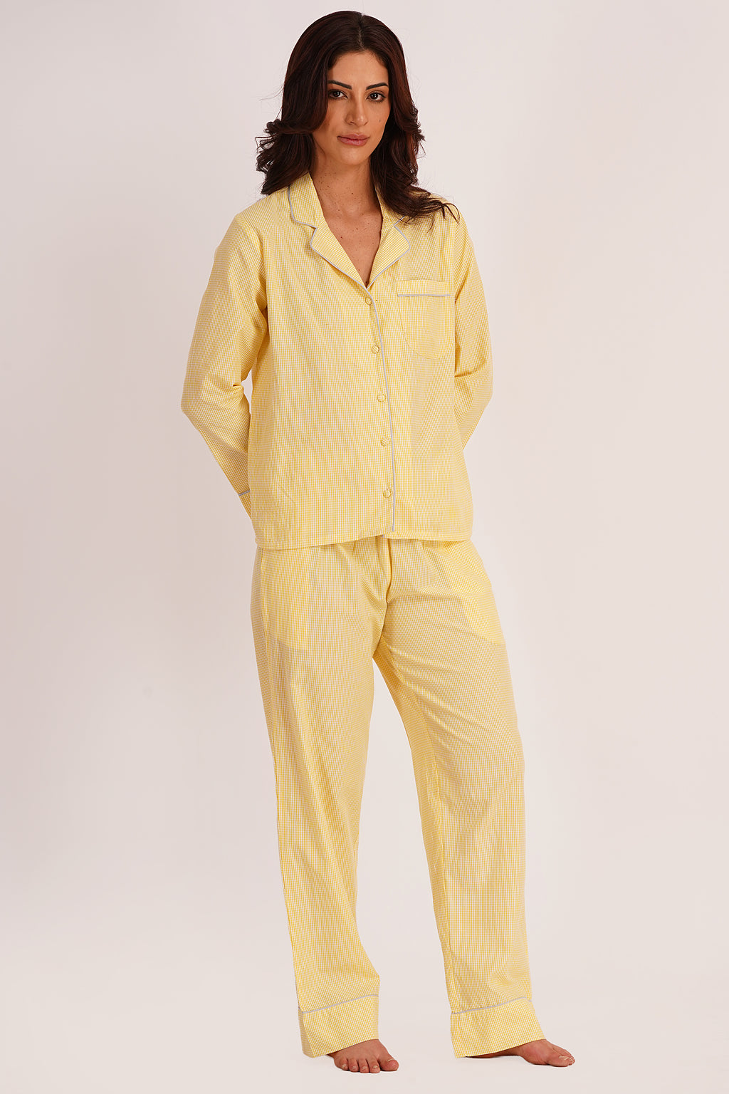 Melo Yellow Cotton Seersucker Checks Night Suit Set