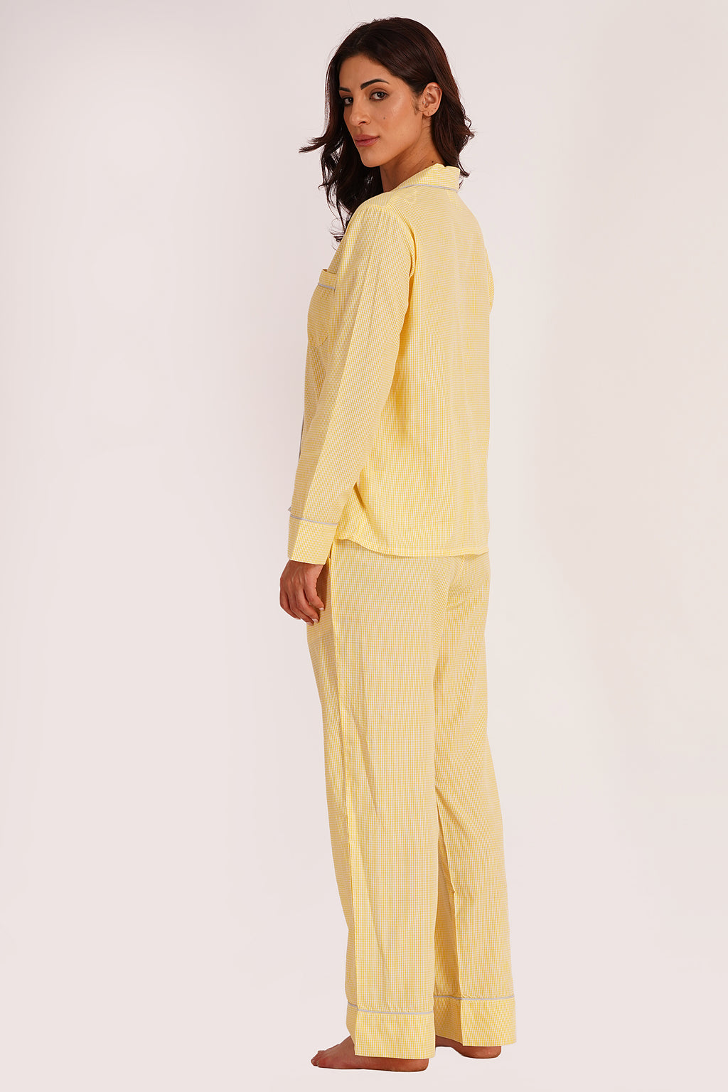 Melo Yellow Cotton Seersucker Checks Night Suit Set