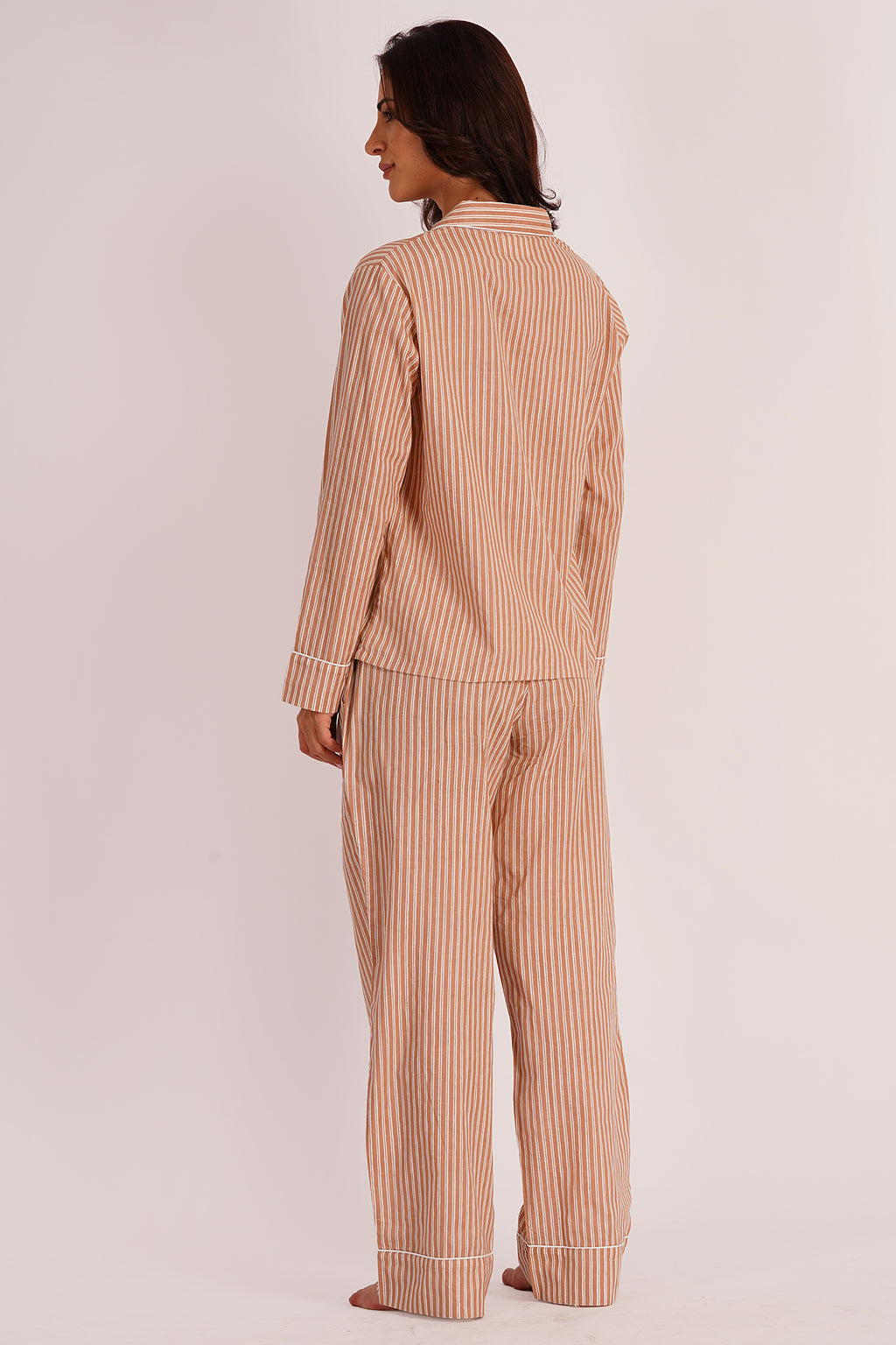 Eira Brown Striped Cotton Seersucker Night Suit set