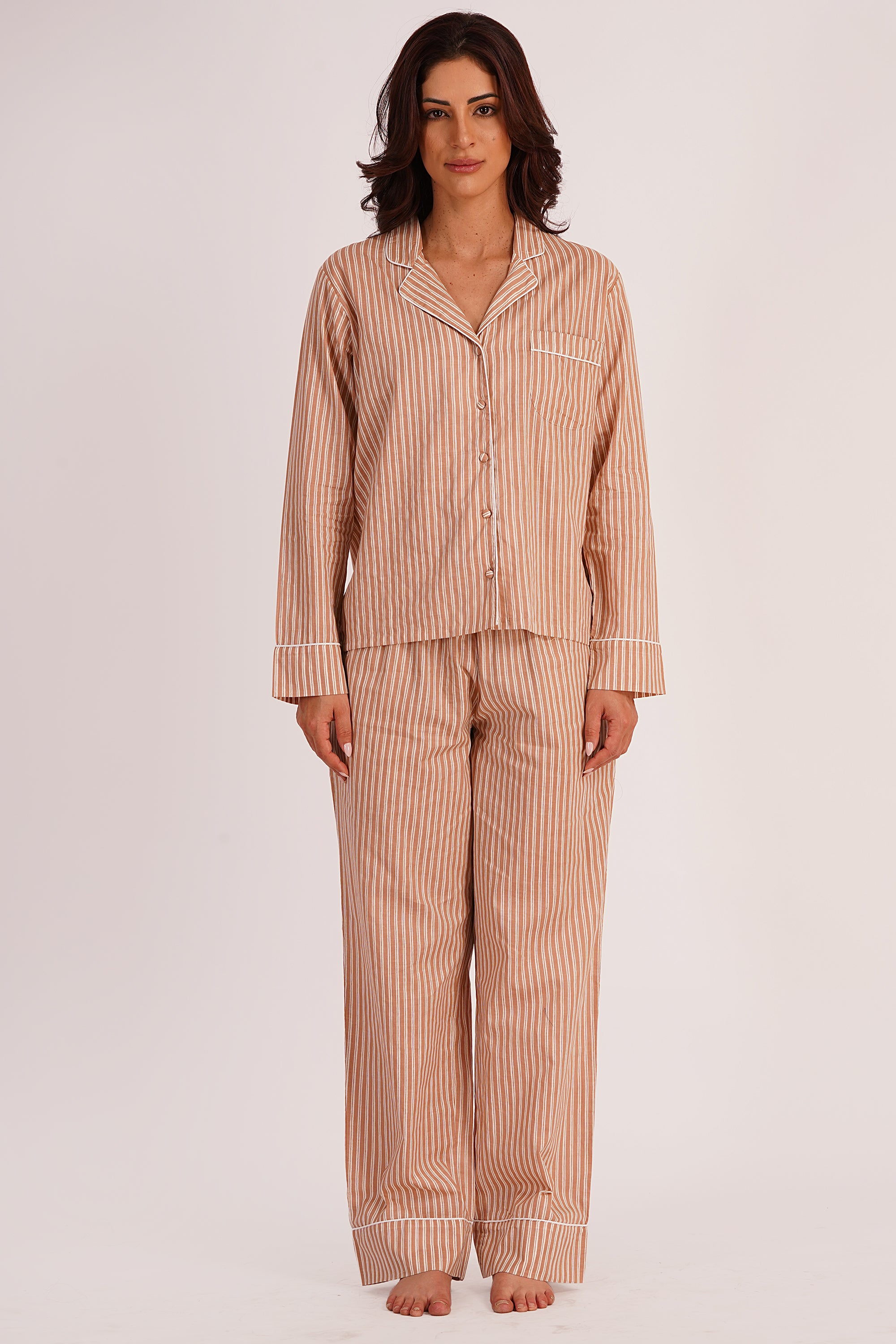 Eira Brown Striped Cotton Seersucker Night Suit set