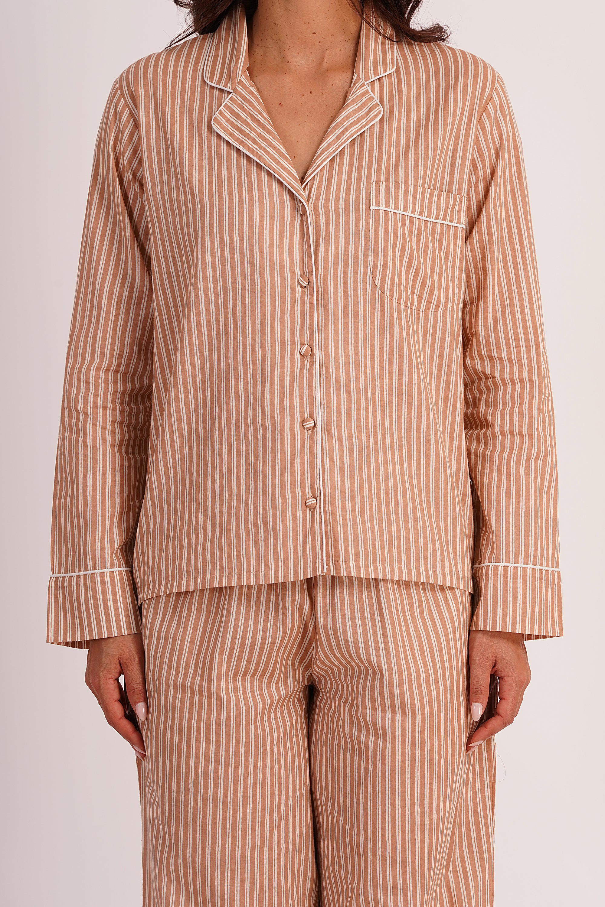 Eira Brown Striped Cotton Seersucker Night Suit set