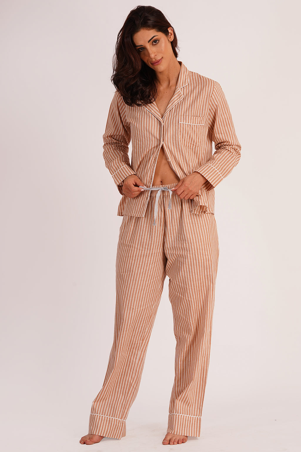 Eira Brown Striped Cotton Seersucker Night Suit set