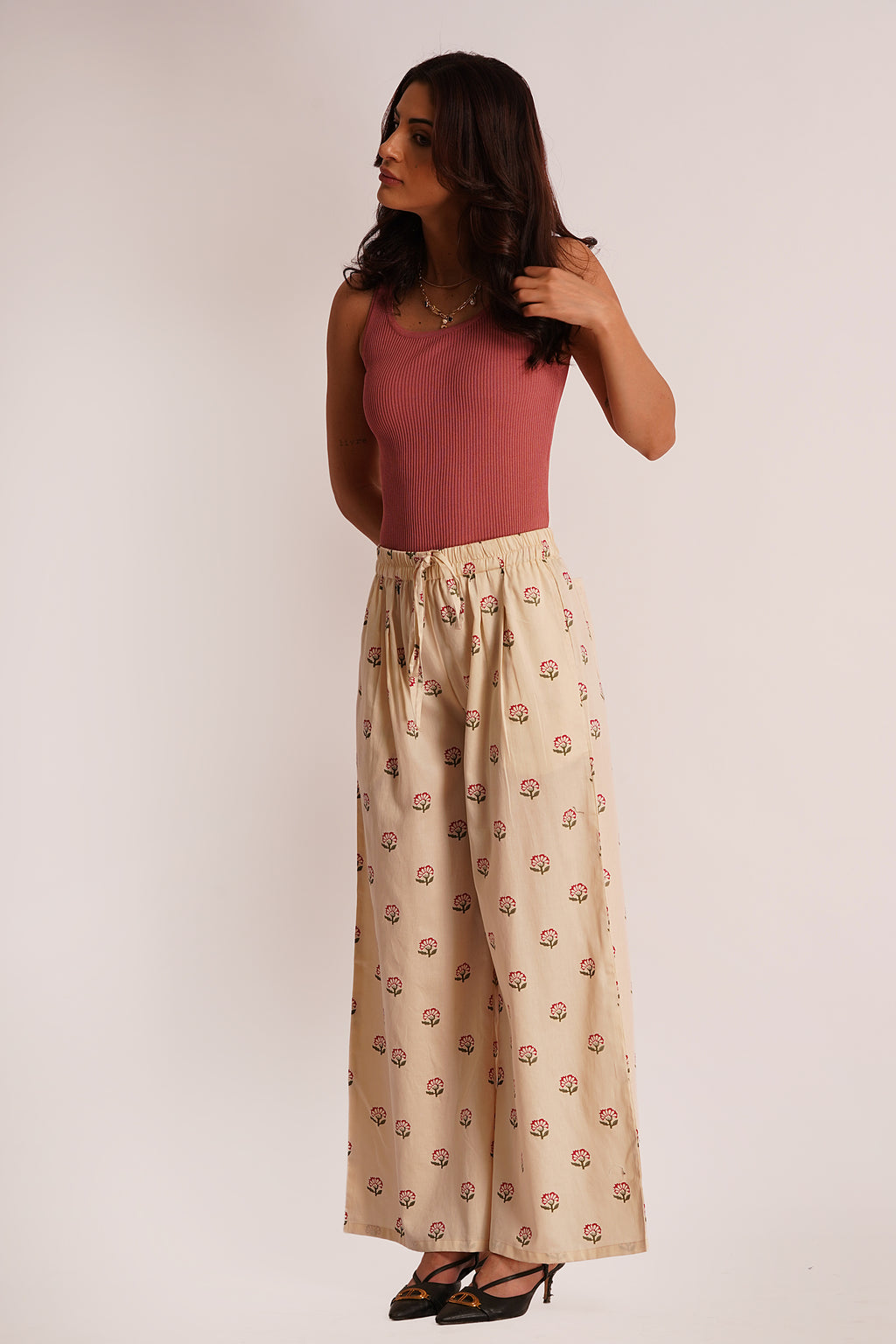 Zuri Beige Floral Cotton Satin A-Line Trouser with Pockets