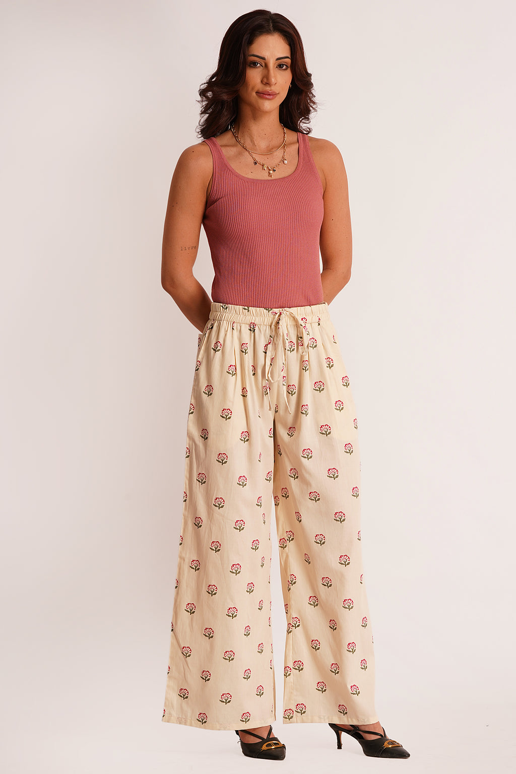 Zuri Beige Floral Cotton Satin A-Line Trouser with Pockets