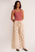Zuri Beige Floral Cotton Satin A-Line Trouser with Pockets