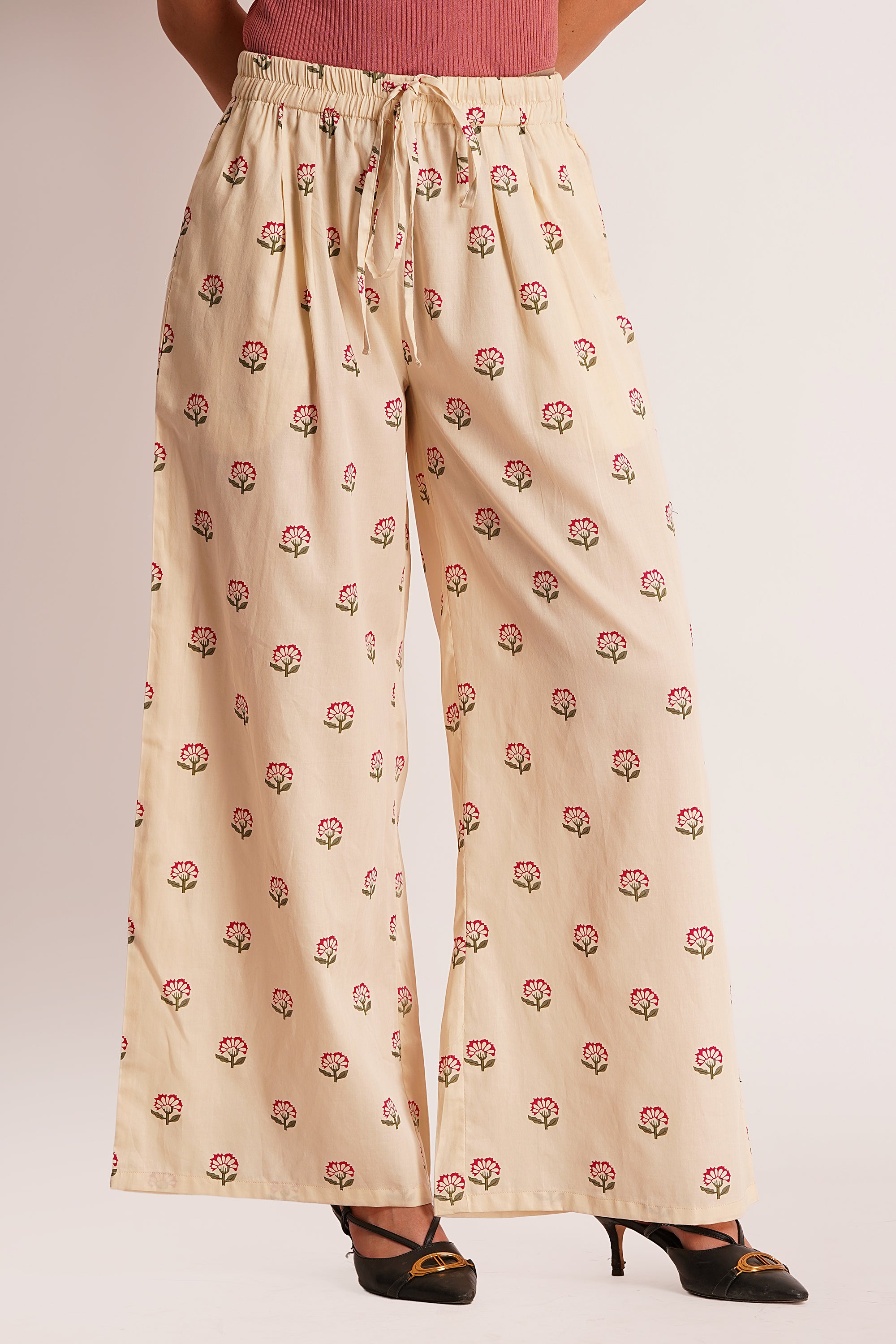 Zuri Beige Floral Cotton Satin A-Line Trouser with Pockets
