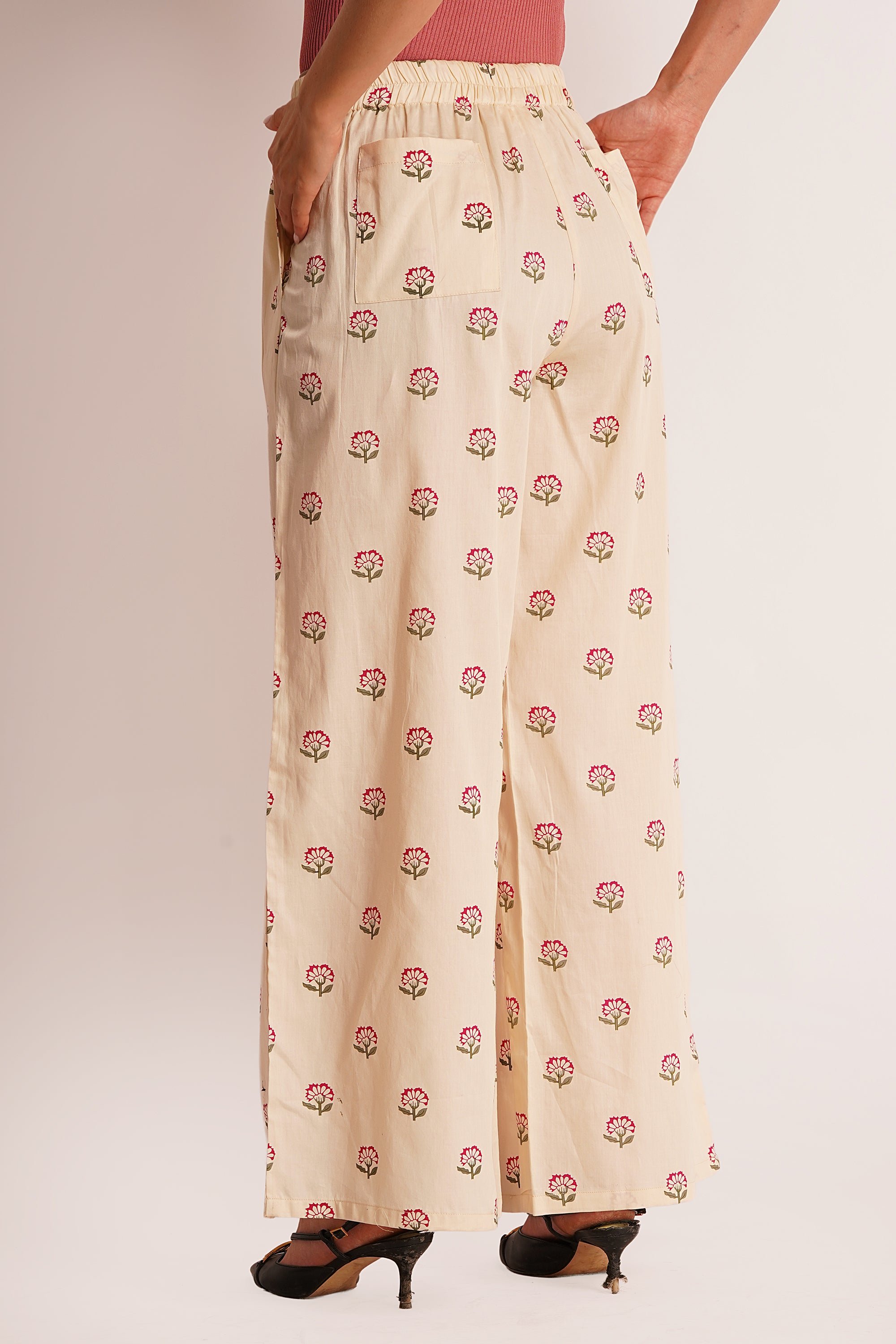 Zuri Beige Floral Cotton Satin A-Line Trouser with Pockets