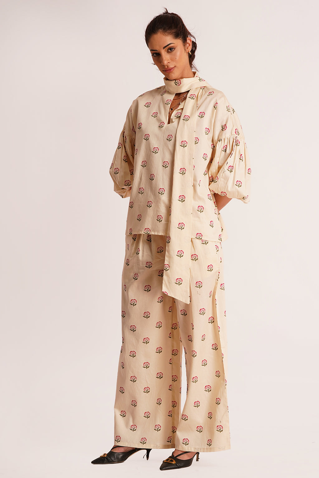 Saana Beige Floral Cotton Satin Tie-Up Top