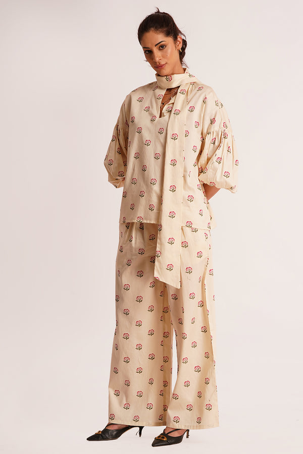 Saana Beige Floral Cotton Satin Tie-Up Top