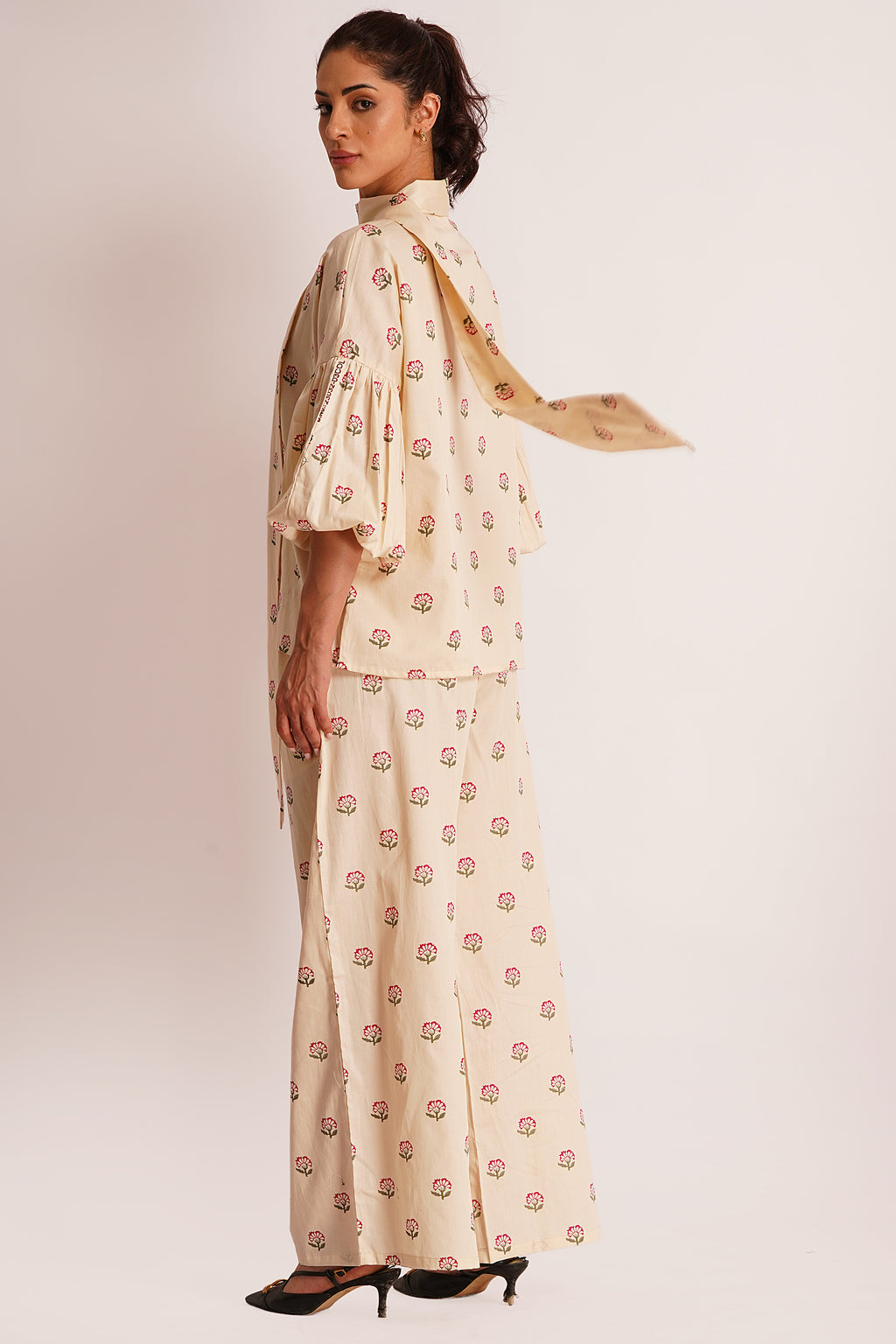 Saana Beige Floral Cotton Satin Tie-Up Top