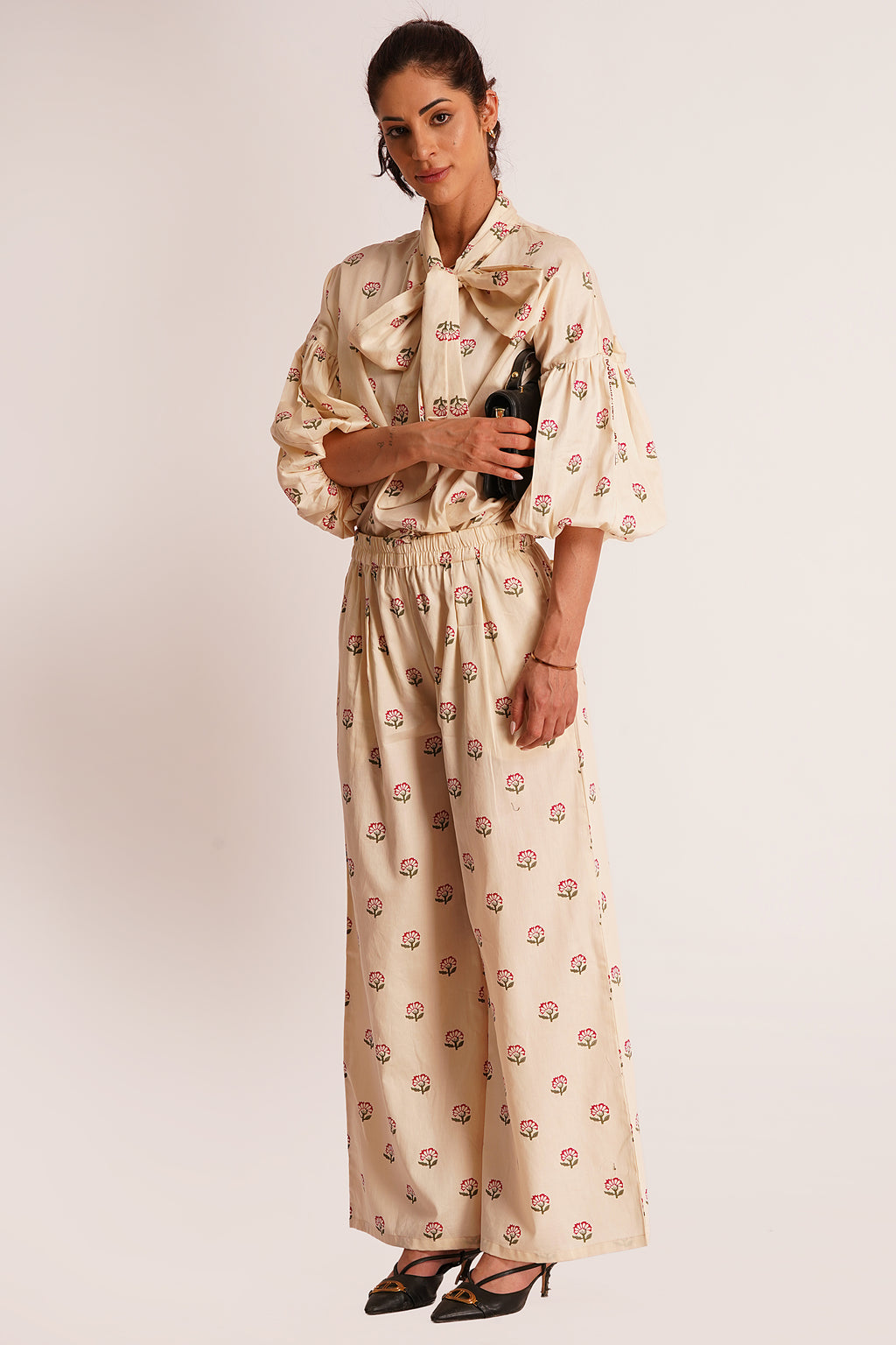 Saana Beige Floral Cotton Satin Tie-Up Top