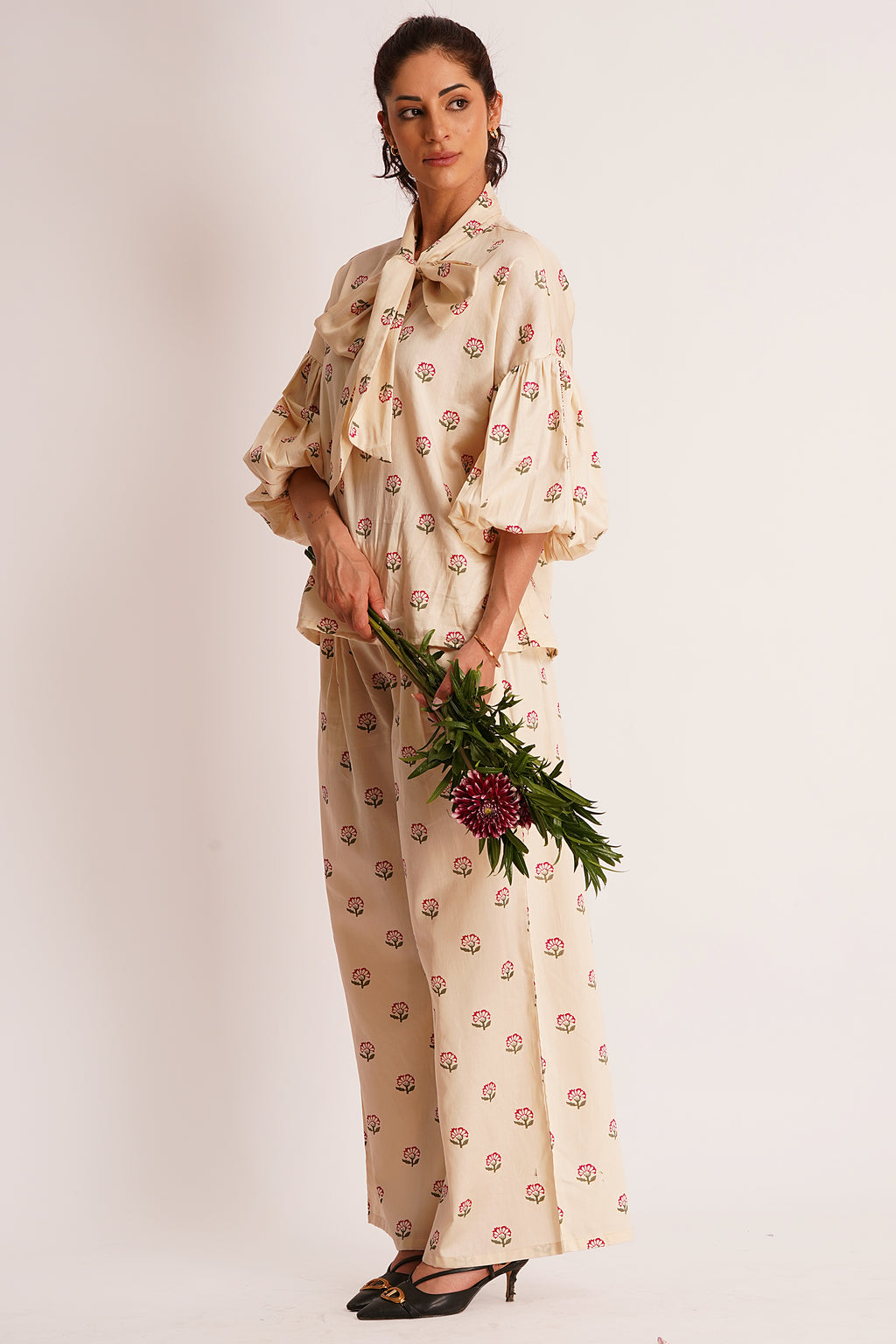 Saana Beige Floral Cotton Satin Tie-Up Top