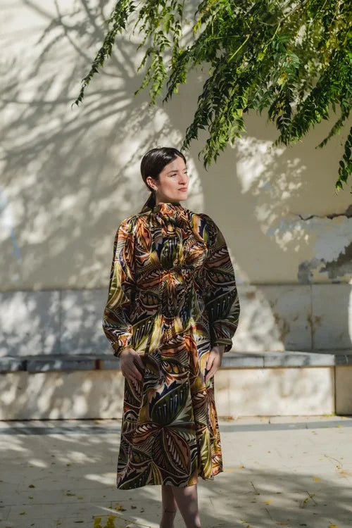 Safari – Satin Fabric Full Length Balloon Sleeves Dress