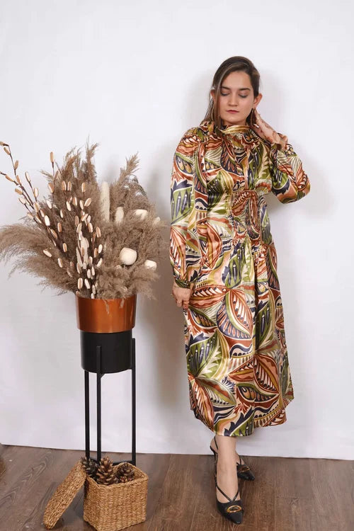 Safari – Satin Fabric Full Length Balloon Sleeves Dress
