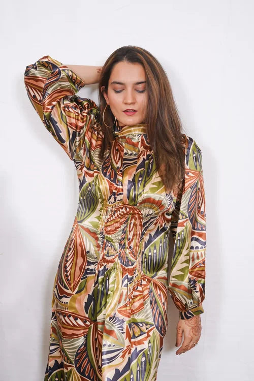 Safari – Satin Fabric Full Length Balloon Sleeves Dress